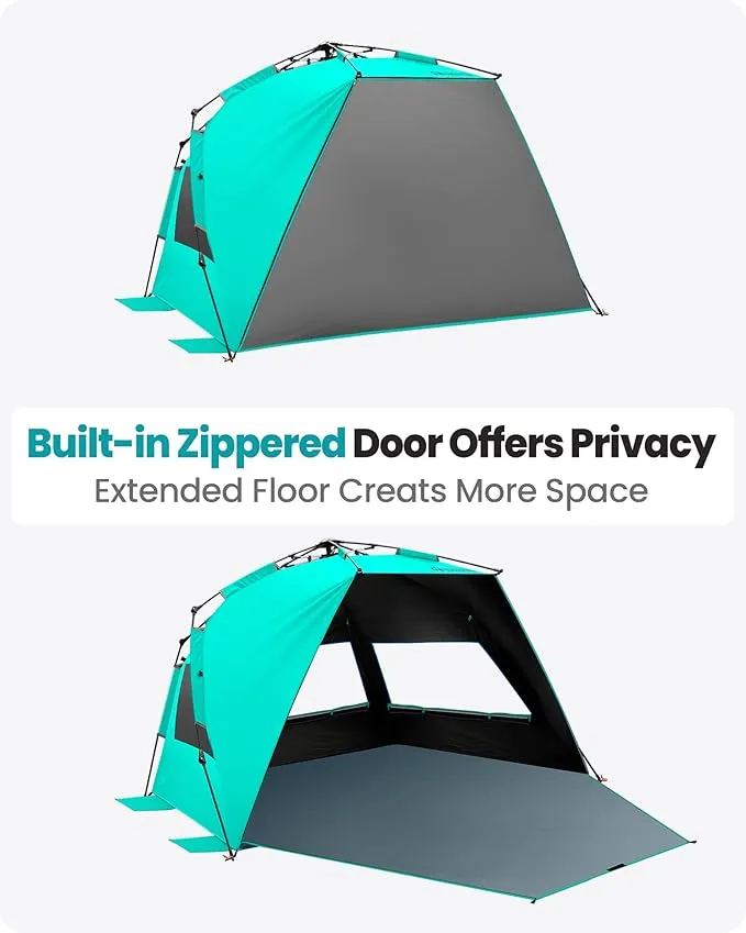 OutdoorMaster Beach Tent with Blackout Shelter Technology, Portable Beach Shade Sun Shelter Canopy for 4-6 Person with UPF 50  UV Protection, Easy Setup Pop Up Tent Family Size