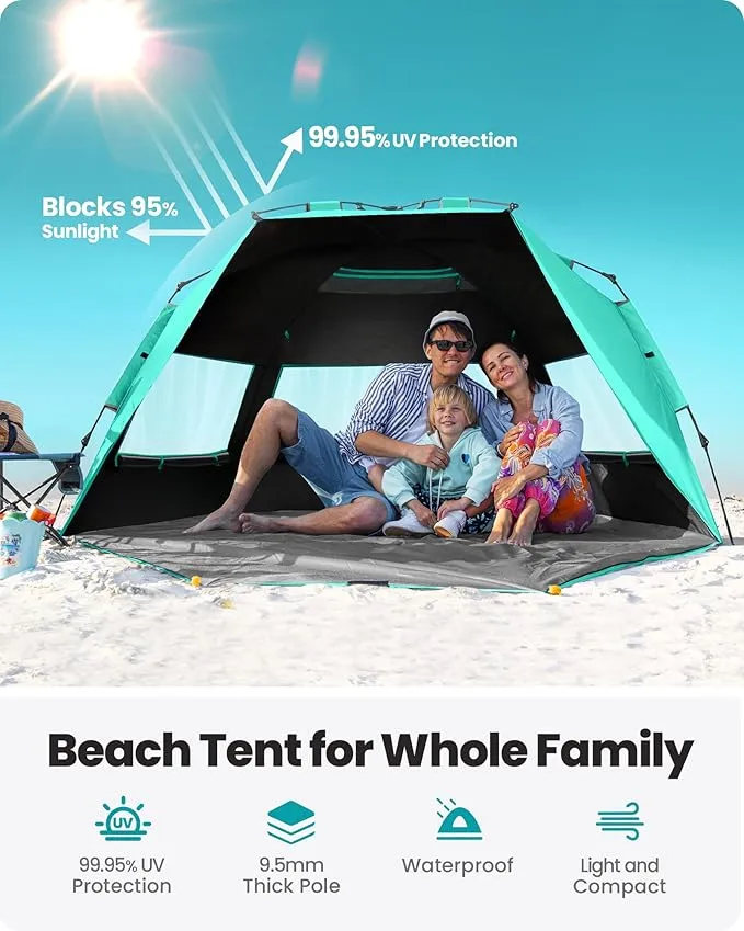 OutdoorMaster Beach Tent with Blackout Shelter Technology, Portable Beach Shade Sun Shelter Canopy for 4-6 Person with UPF 50  UV Protection, Easy Setup Pop Up Tent Family Size