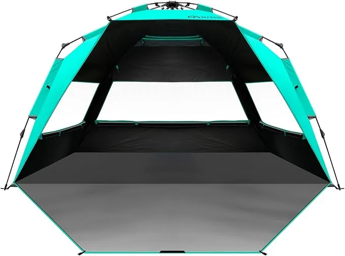 OutdoorMaster Beach Tent with Blackout Shelter Technology, Portable Beach Shade Sun Shelter Canopy for 4-6 Person with UPF 50  UV Protection, Easy Setup Pop Up Tent Family Size
