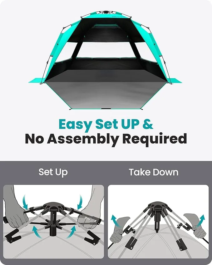OutdoorMaster Beach Tent with Blackout Shelter Technology, Portable Beach Shade Sun Shelter Canopy for 4-6 Person with UPF 50  UV Protection, Easy Setup Pop Up Tent Family Size