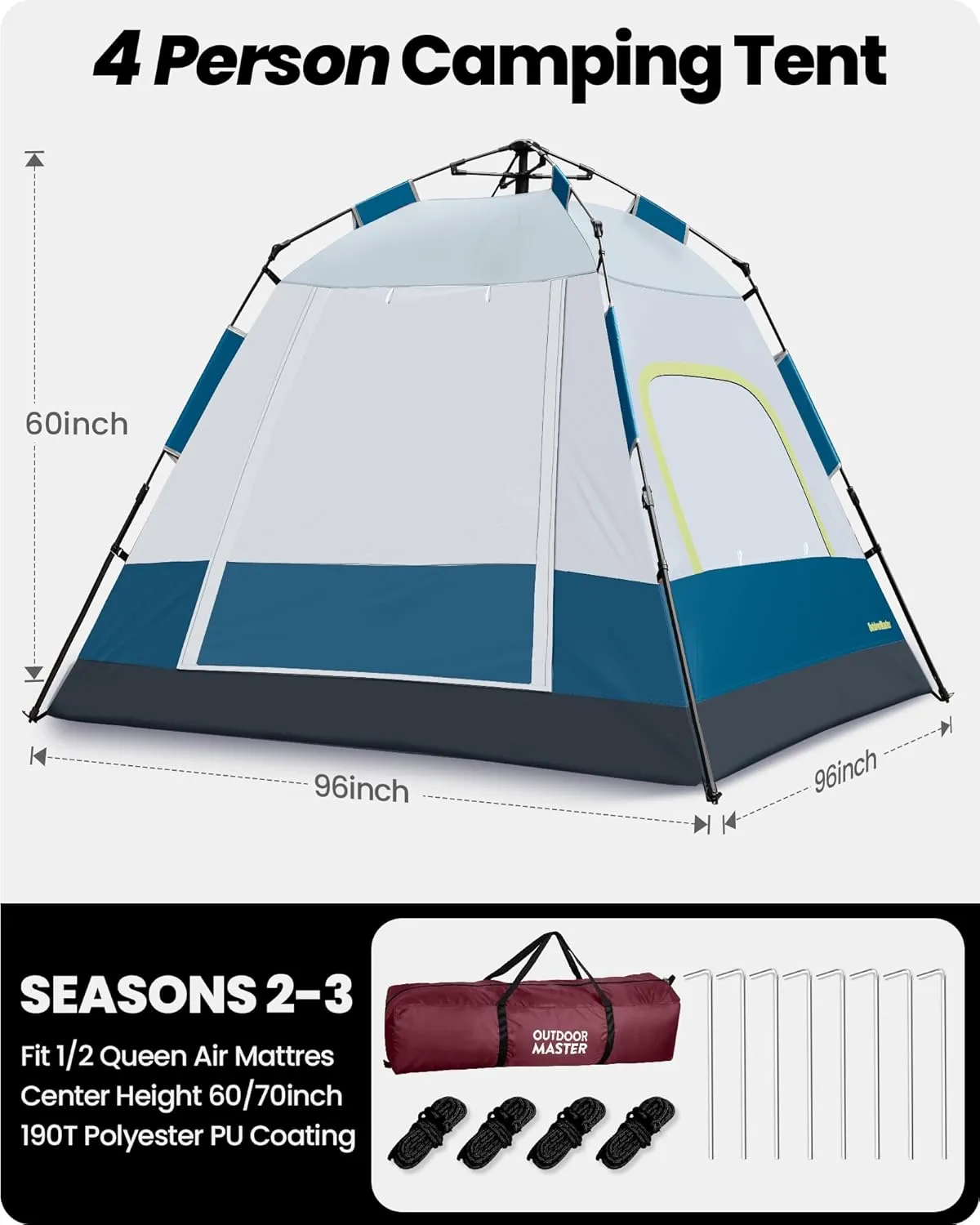 OutdoorMaster Camping Tents, 4/6 Person Camping Tent with Blackout Shelter Technology, Easy Setup in 60 Seconds, Weatherproof Pop Up Tent with Top Rainfly, Instant Cabin Tent
