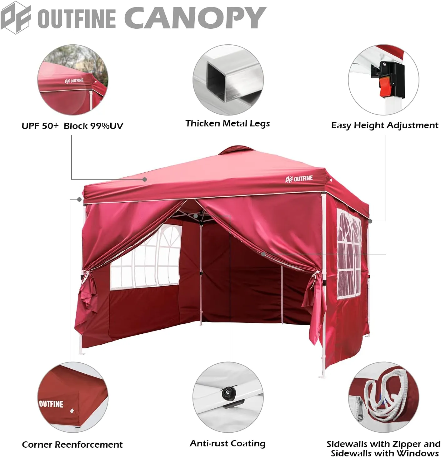 OUTFINE Patio Canopy 10'x10' Pop Up Commercial Instant Gazebo Tent, Outdoor Party Canopies with 4 Removable Sidewalls, Stakes x8, Ropes x4 (Red, 10 * 10FT)