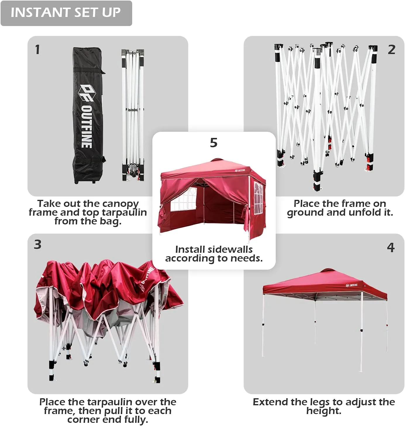 OUTFINE Patio Canopy 10'x10' Pop Up Commercial Instant Gazebo Tent, Outdoor Party Canopies with 4 Removable Sidewalls, Stakes x8, Ropes x4 (Red, 10 * 10FT)