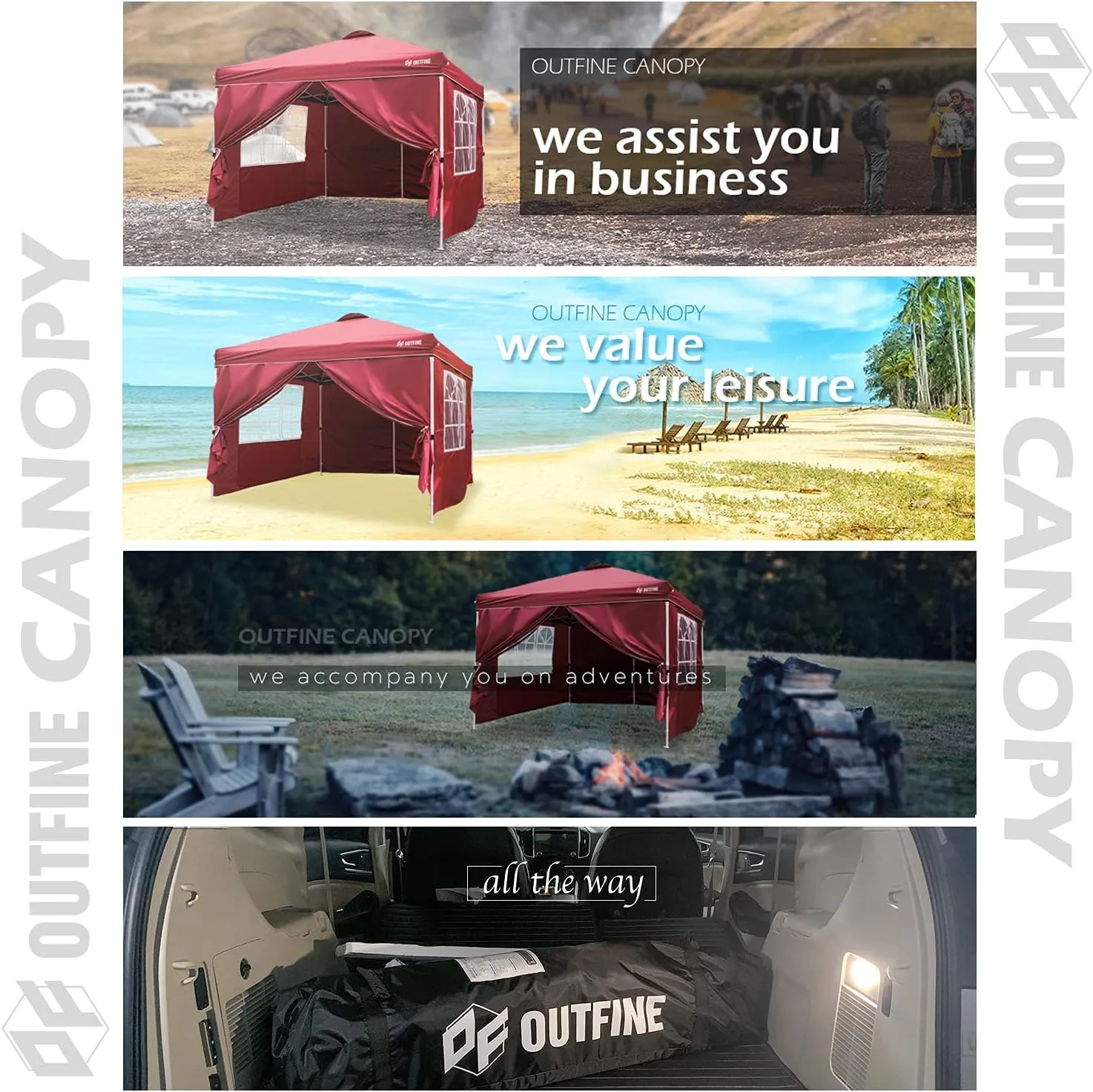 OUTFINE Patio Canopy 10'x10' Pop Up Commercial Instant Gazebo Tent, Outdoor Party Canopies with 4 Removable Sidewalls, Stakes x8, Ropes x4 (Red, 10 * 10FT)