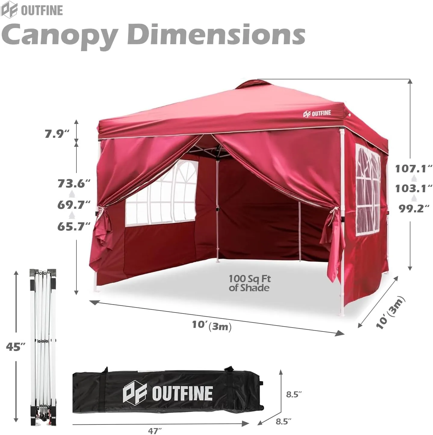 OUTFINE Patio Canopy 10'x10' Pop Up Commercial Instant Gazebo Tent, Outdoor Party Canopies with 4 Removable Sidewalls, Stakes x8, Ropes x4 (Red, 10 * 10FT)