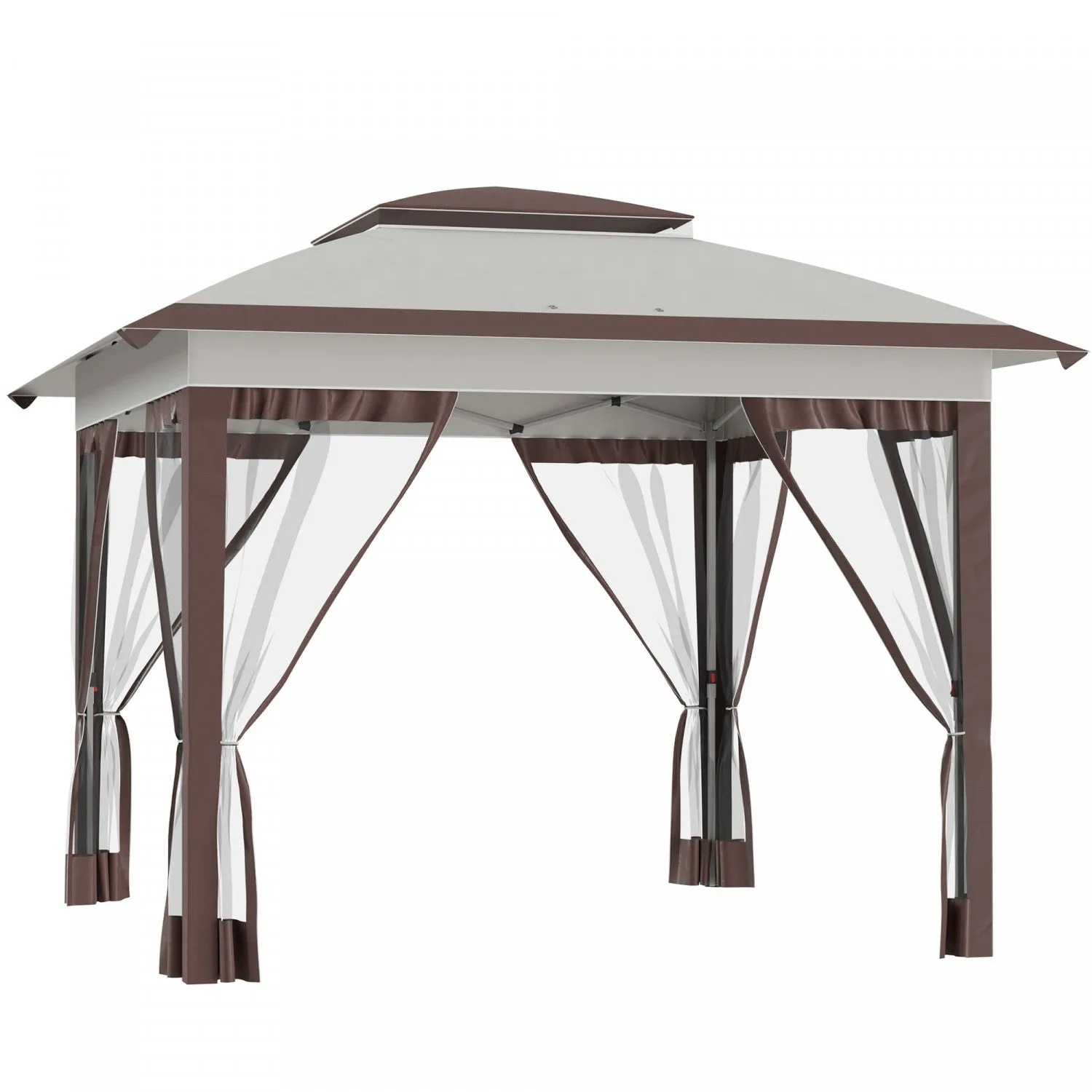 Outsunny 12' X 12' Pop Up Canopy Sun Shade Instant Tent Folding With Mesh Sidewalls, 3-level Adjusta|Outsunny Tente Instantanee Pliable Avec Parois Laterales En Maille, Hauteur Reglable A 3 Niveaux Et