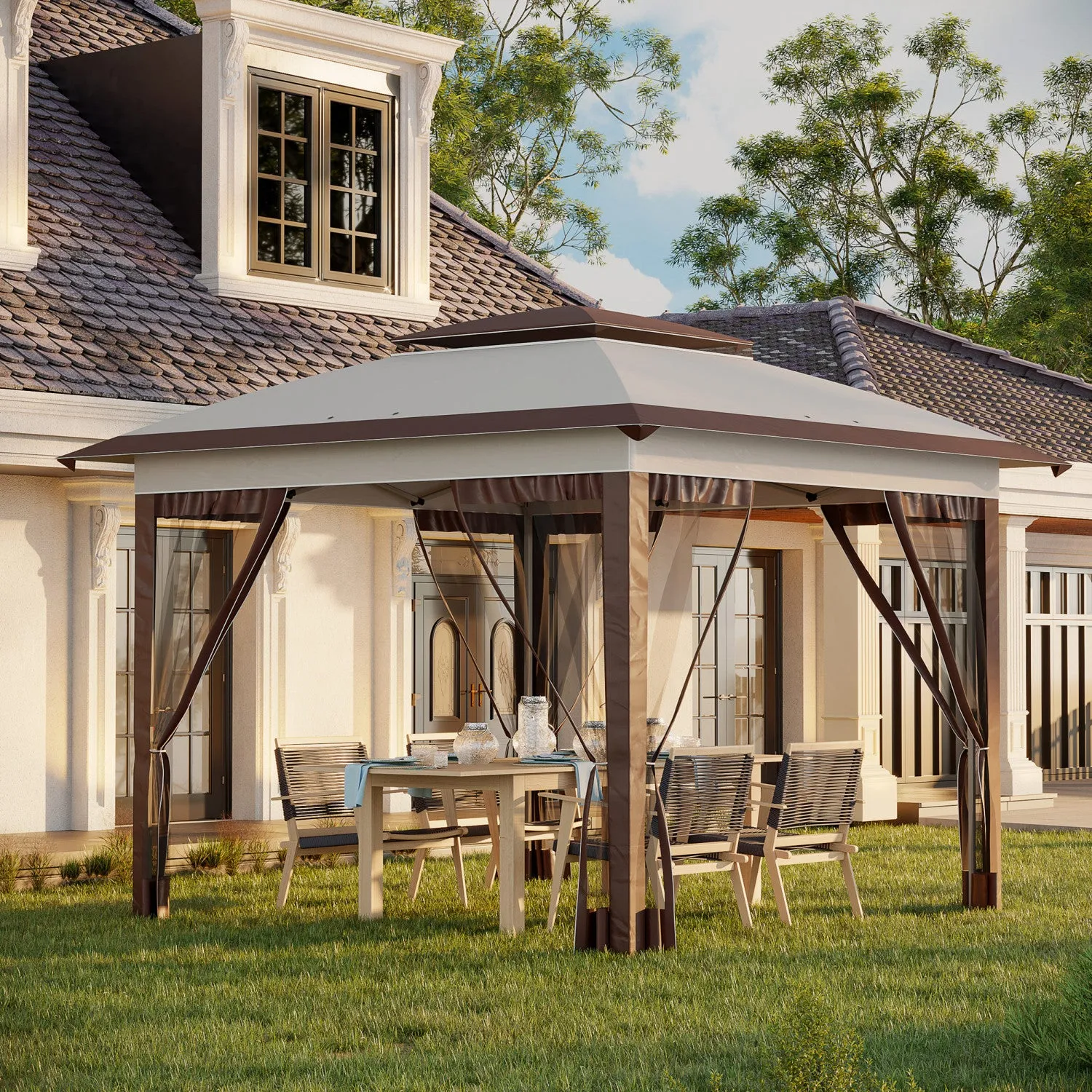 Outsunny 12' X 12' Pop Up Canopy Sun Shade Instant Tent Folding With Mesh Sidewalls, 3-level Adjusta|Outsunny Tente Instantanee Pliable Avec Parois Laterales En Maille, Hauteur Reglable A 3 Niveaux Et
