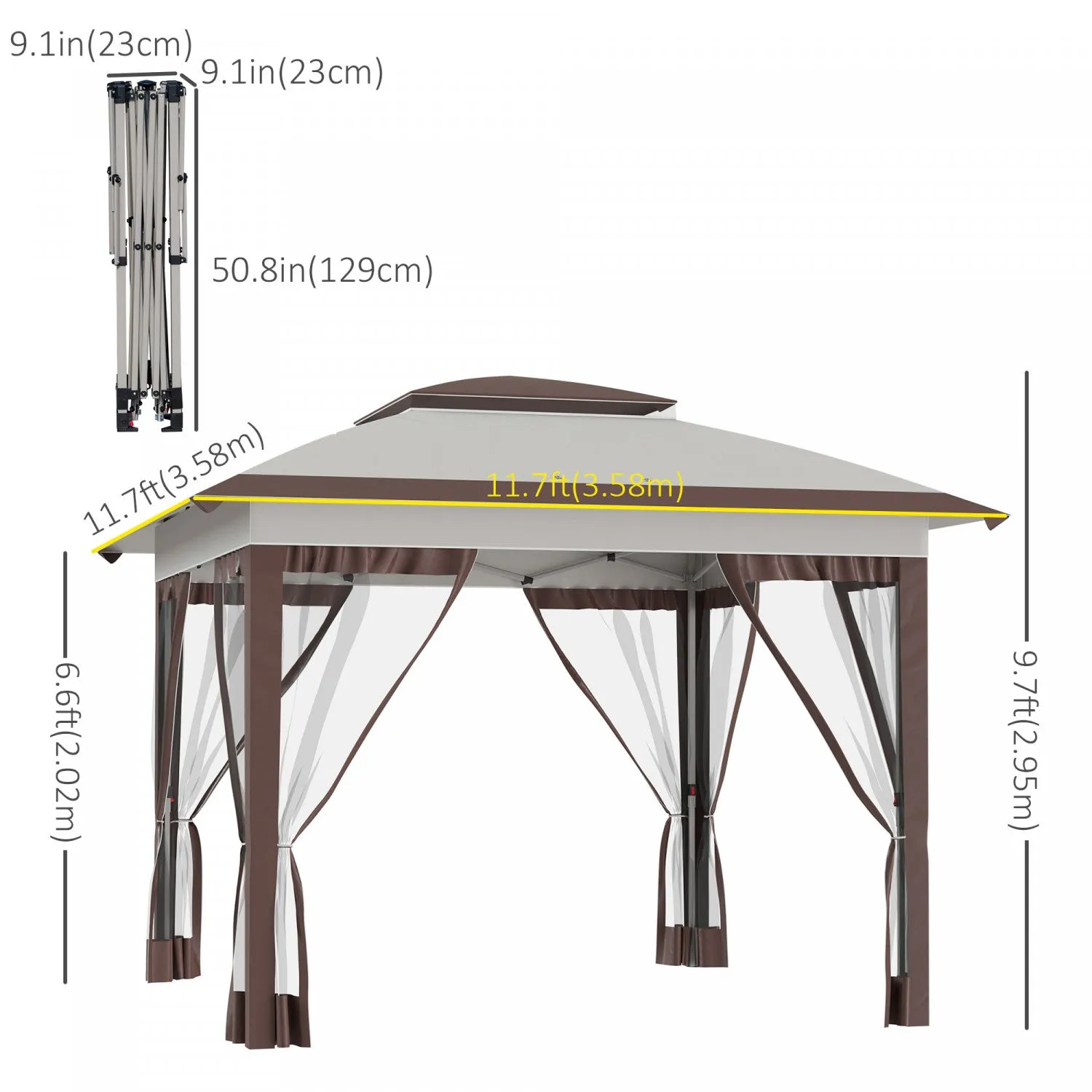 Outsunny 12' X 12' Pop Up Canopy Sun Shade Instant Tent Folding With Mesh Sidewalls, 3-level Adjusta|Outsunny Tente Instantanee Pliable Avec Parois Laterales En Maille, Hauteur Reglable A 3 Niveaux Et