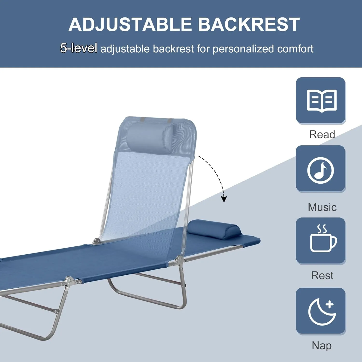 Outsunny Folding Chaise Lounge Chair, Pool Sun Tanning Chair, Outdoor Lounge Chair with Reclining Back, Breathable Mesh Seat, Headrest for Beach, Yard, Patio, Dark Blue