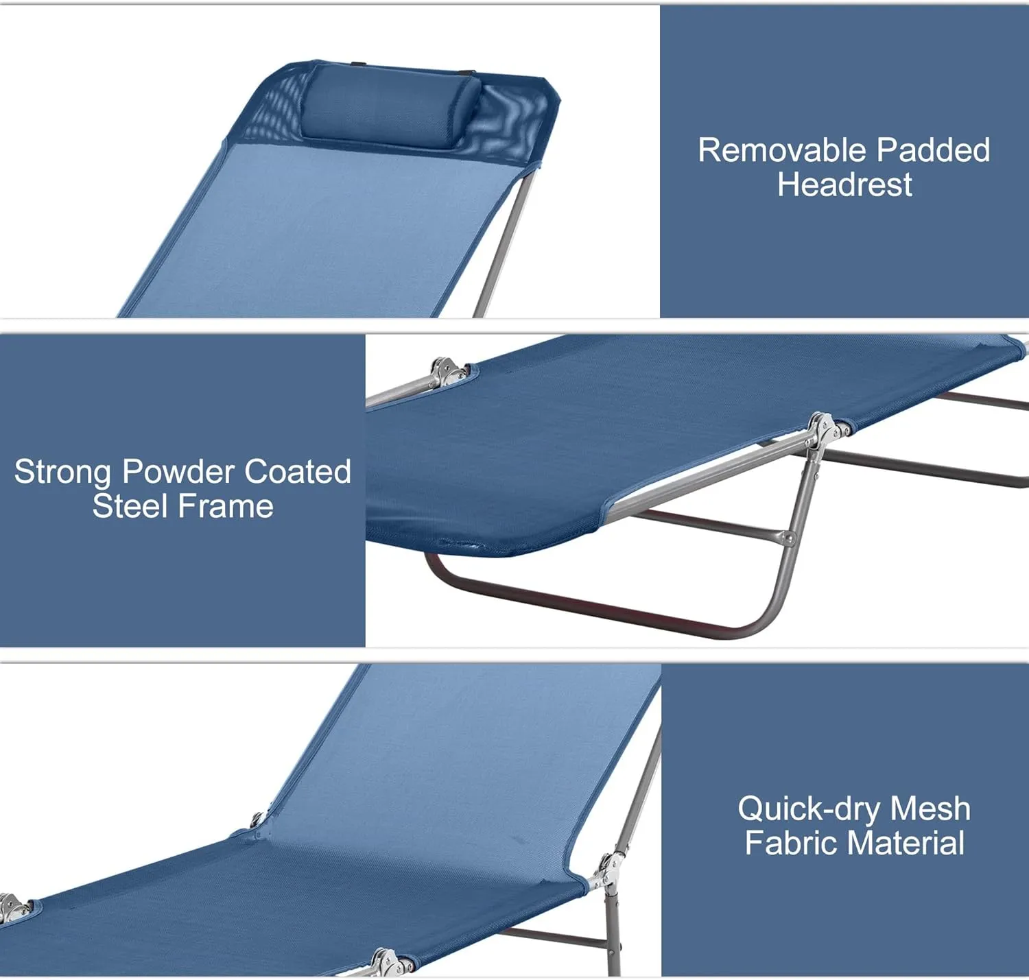 Outsunny Folding Chaise Lounge Chair, Pool Sun Tanning Chair, Outdoor Lounge Chair with Reclining Back, Breathable Mesh Seat, Headrest for Beach, Yard, Patio, Dark Blue