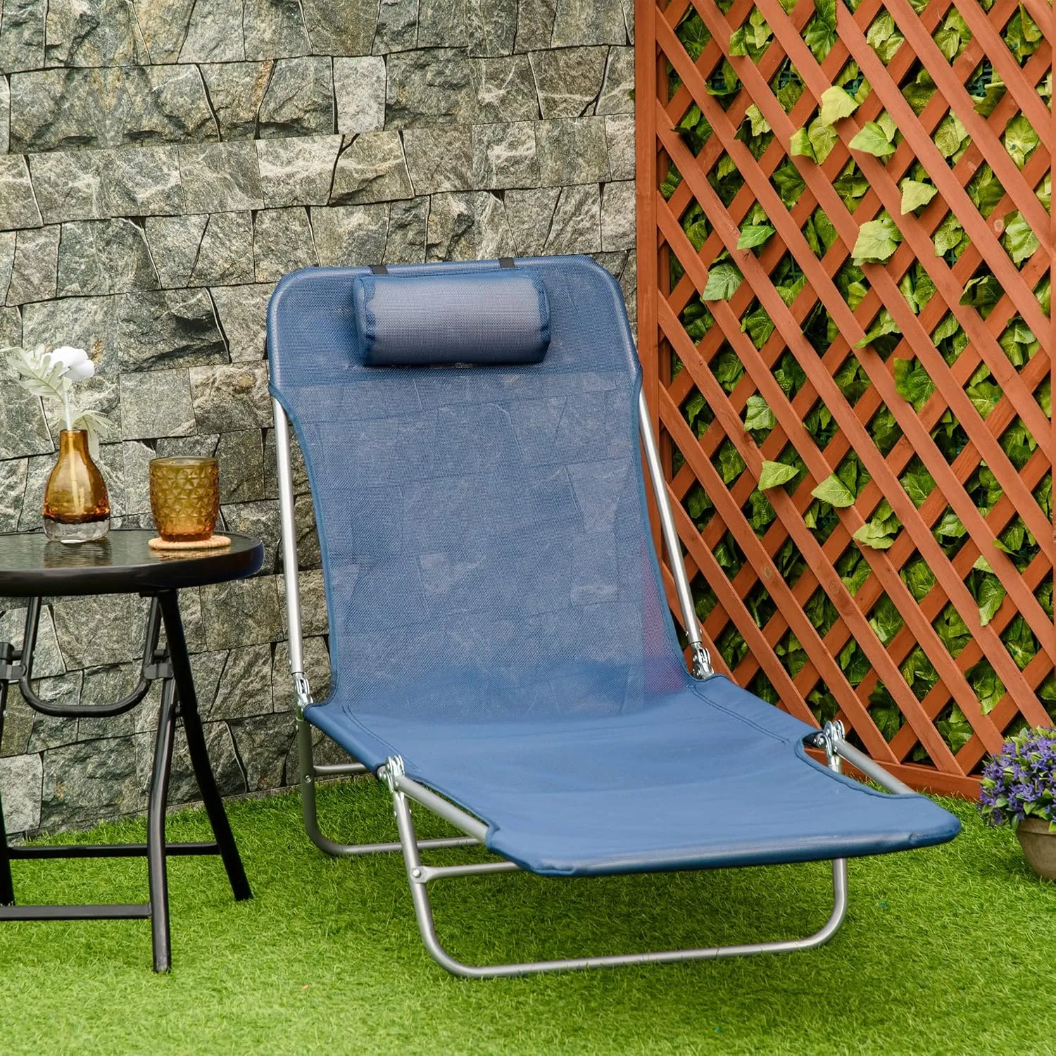 Outsunny Folding Chaise Lounge Chair, Pool Sun Tanning Chair, Outdoor Lounge Chair with Reclining Back, Breathable Mesh Seat, Headrest for Beach, Yard, Patio, Dark Blue