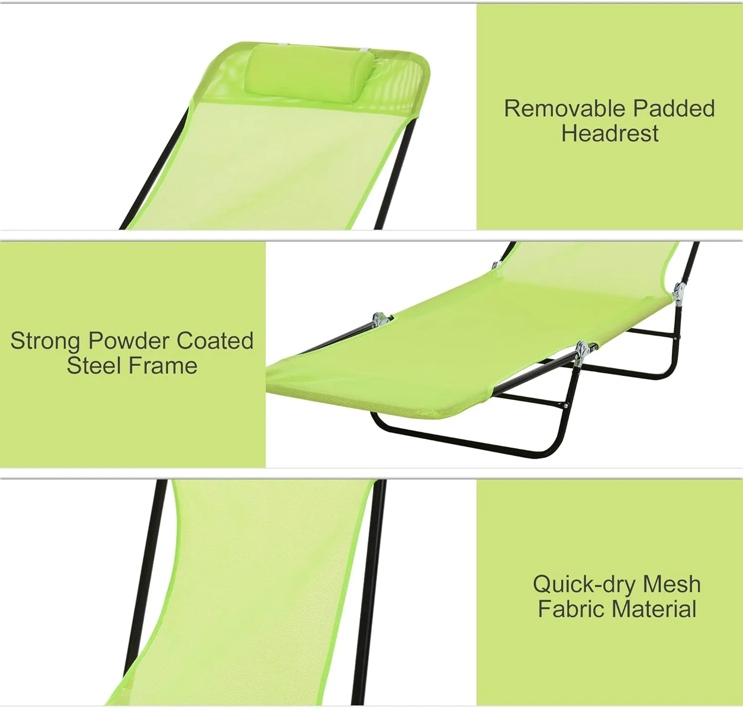 Outsunny Folding Chaise Lounge Chair, Pool Sun Tanning Chair, Outdoor Lounge Chair with Reclining Back, Breathable Mesh Seat, Headrest for Beach, Yard, Patio, Green