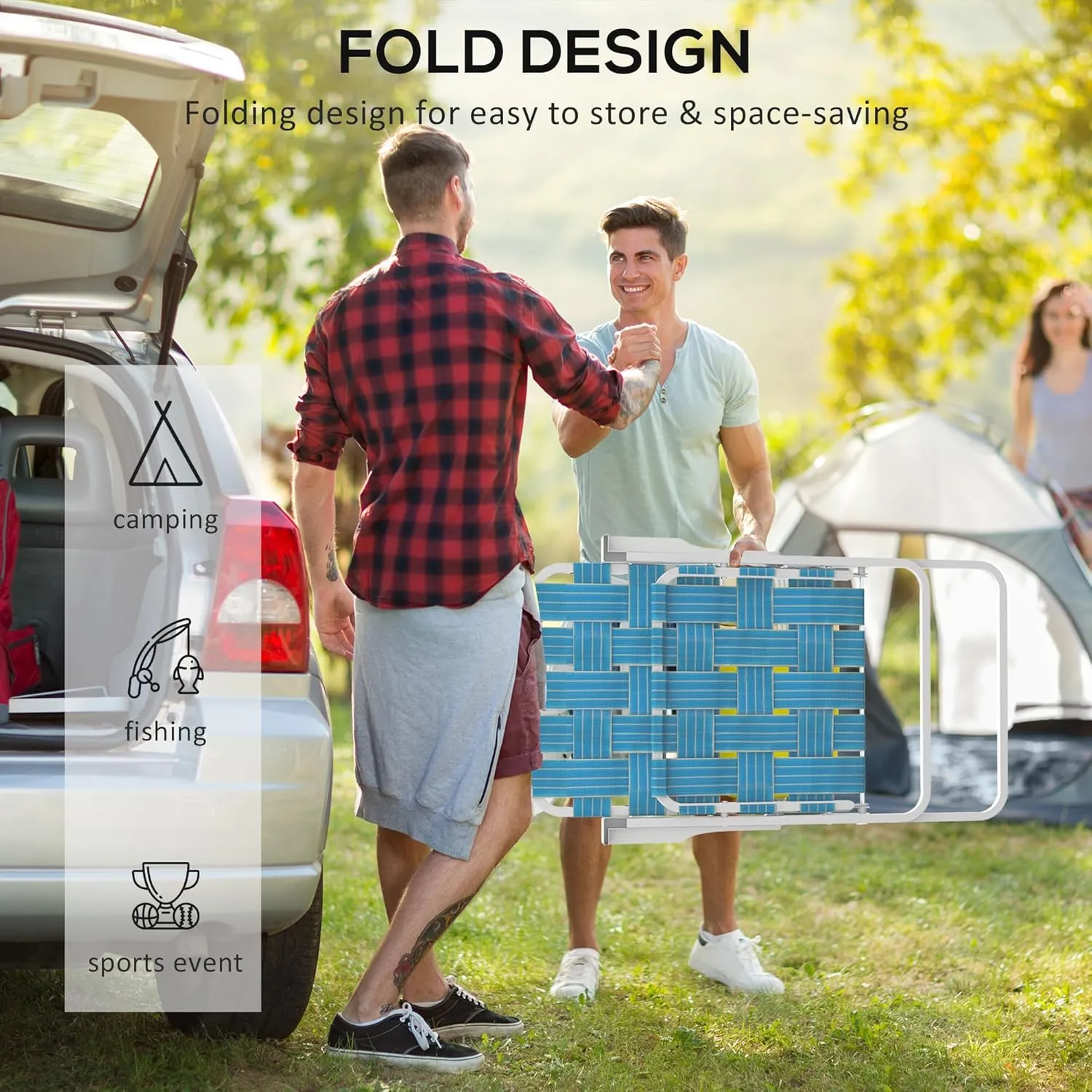 Outsunny Set of 2 Patio Folding Chairs, Classic Outdoor Camping Chairs, Portable Lawn Chair Set for Camping, Garden, Pool, Beach, Backyard with Armrests, Blue