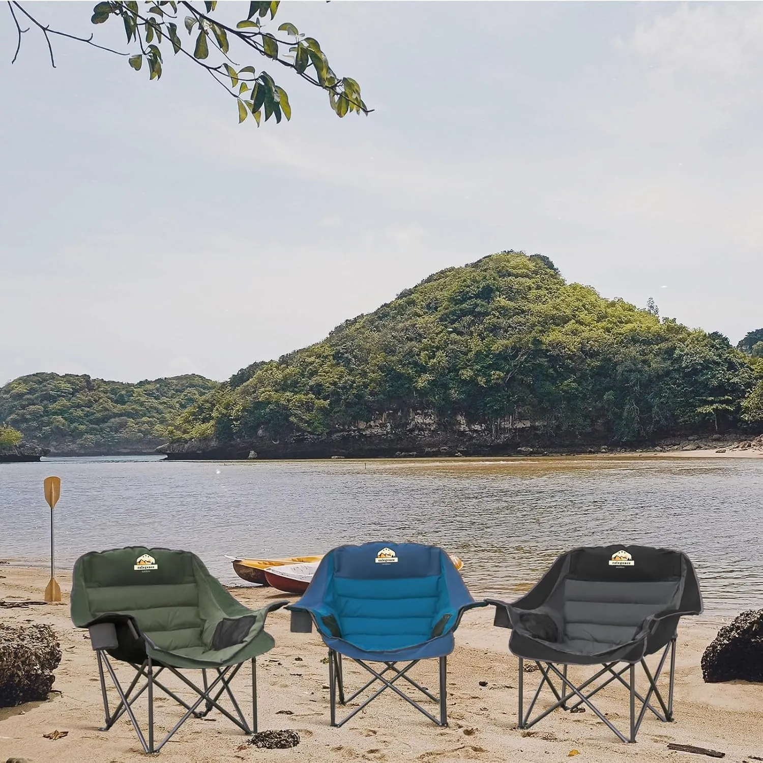 Oversized XL Padded Camping Chair Wide Heavy Duty Lawn Chairs Support 450 LBS Portable Folding Gaint Camp Chair with Side Pocket Cup Holder for Outdoor Outside Sports Baseball-Black&Grey