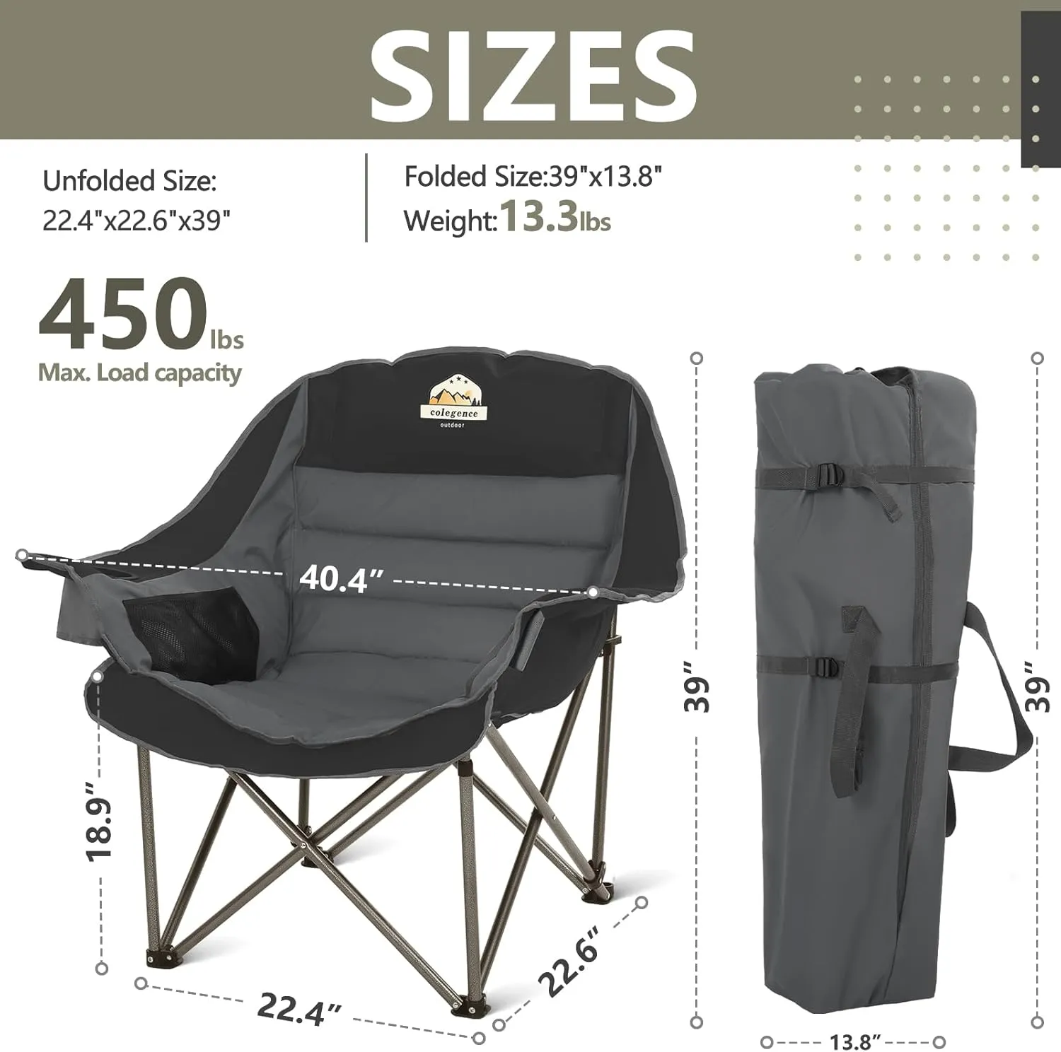Oversized XL Padded Camping Chair Wide Heavy Duty Lawn Chairs Support 450 LBS Portable Folding Gaint Camp Chair with Side Pocket Cup Holder for Outdoor Outside Sports Baseball-Black&Grey