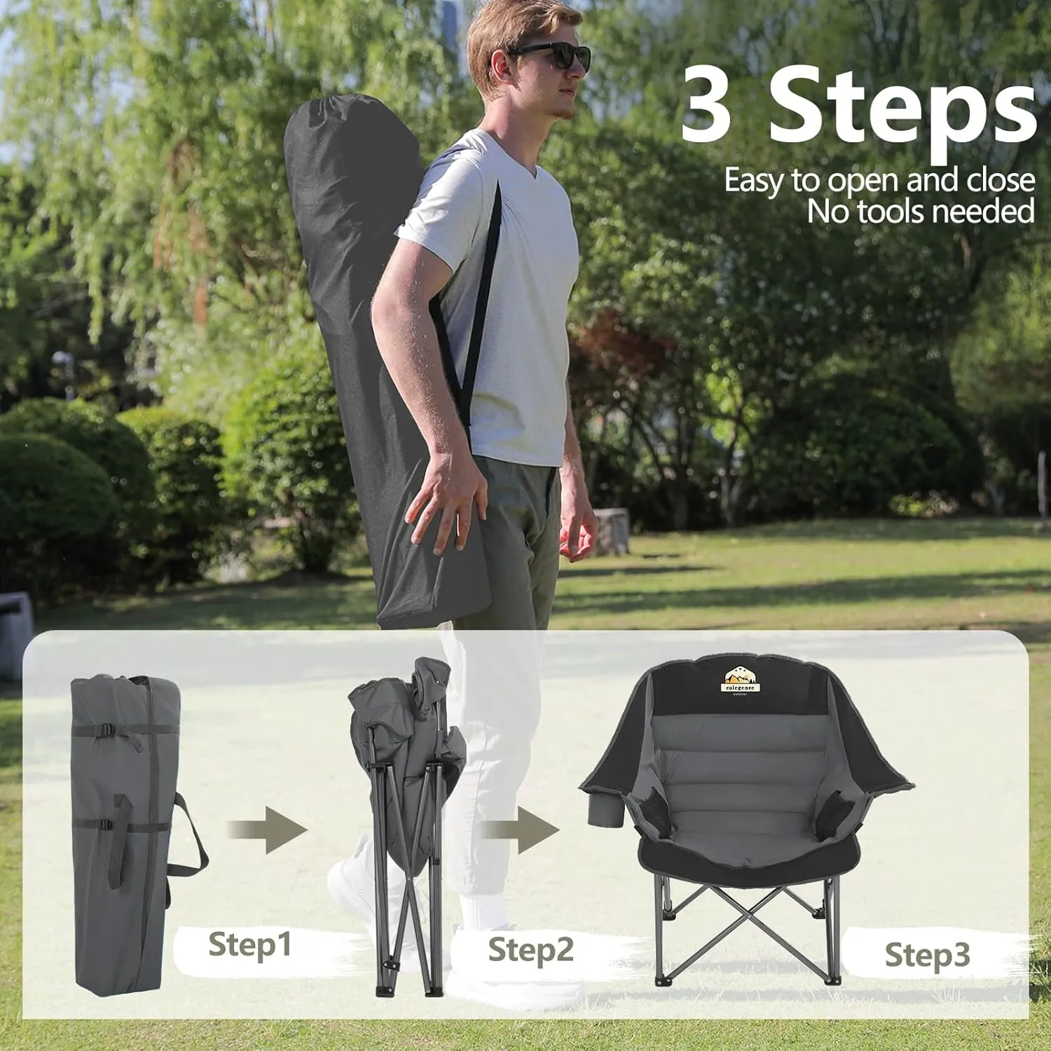 Oversized XL Padded Camping Chair Wide Heavy Duty Lawn Chairs Support 450 LBS Portable Folding Gaint Camp Chair with Side Pocket Cup Holder for Outdoor Outside Sports Baseball-Black&Grey
