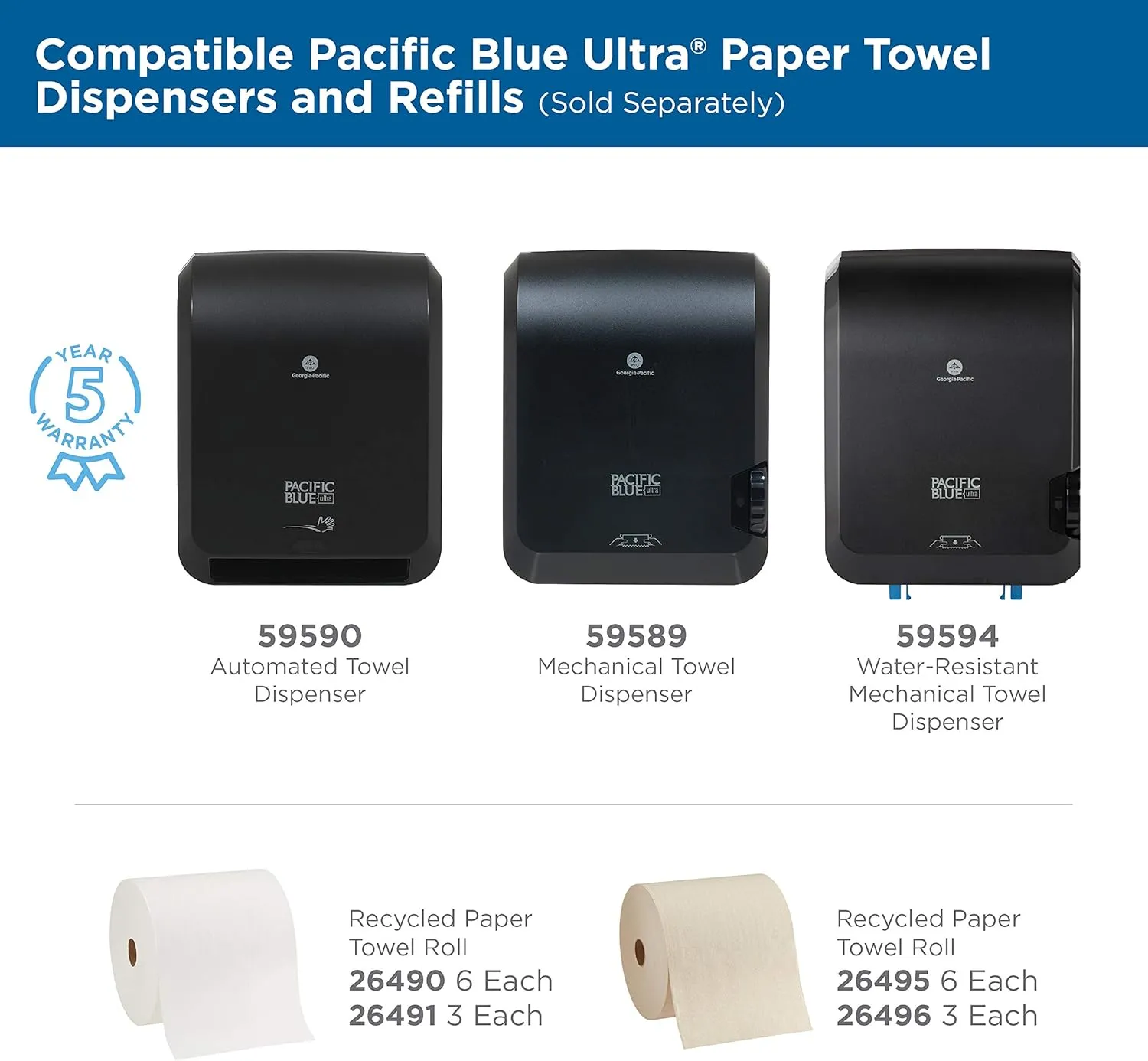 Pacific Blue Ultra 8" High-Capacity Automated Touchless Paper Towel Dispenser Starter Kit by GP PRO (Georgia-Pacific), Black Dispenser (59590) 1 White Towel Roll (26491)