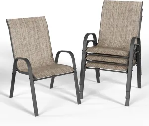 Patio Dining Chairs Set of 4, Outdoor High Stacking Chairs for All Weather, Breathable Seat Fabric and Alloy Steel Frame for Backyard, Porch, Garden (Brown)