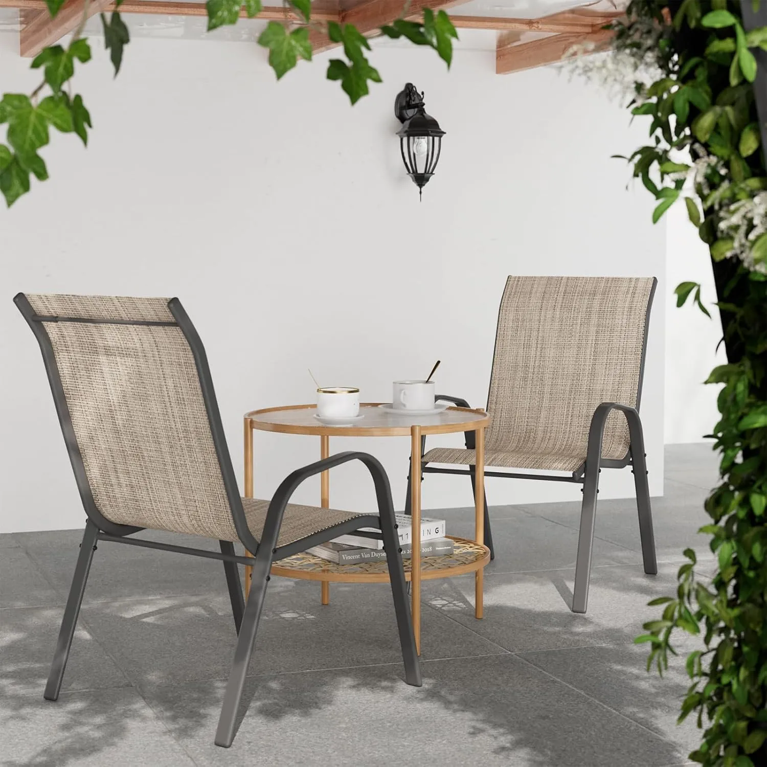 Patio Dining Chairs Set of 4, Outdoor High Stacking Chairs for All Weather, Breathable Seat Fabric and Alloy Steel Frame for Backyard, Porch, Garden (Brown)