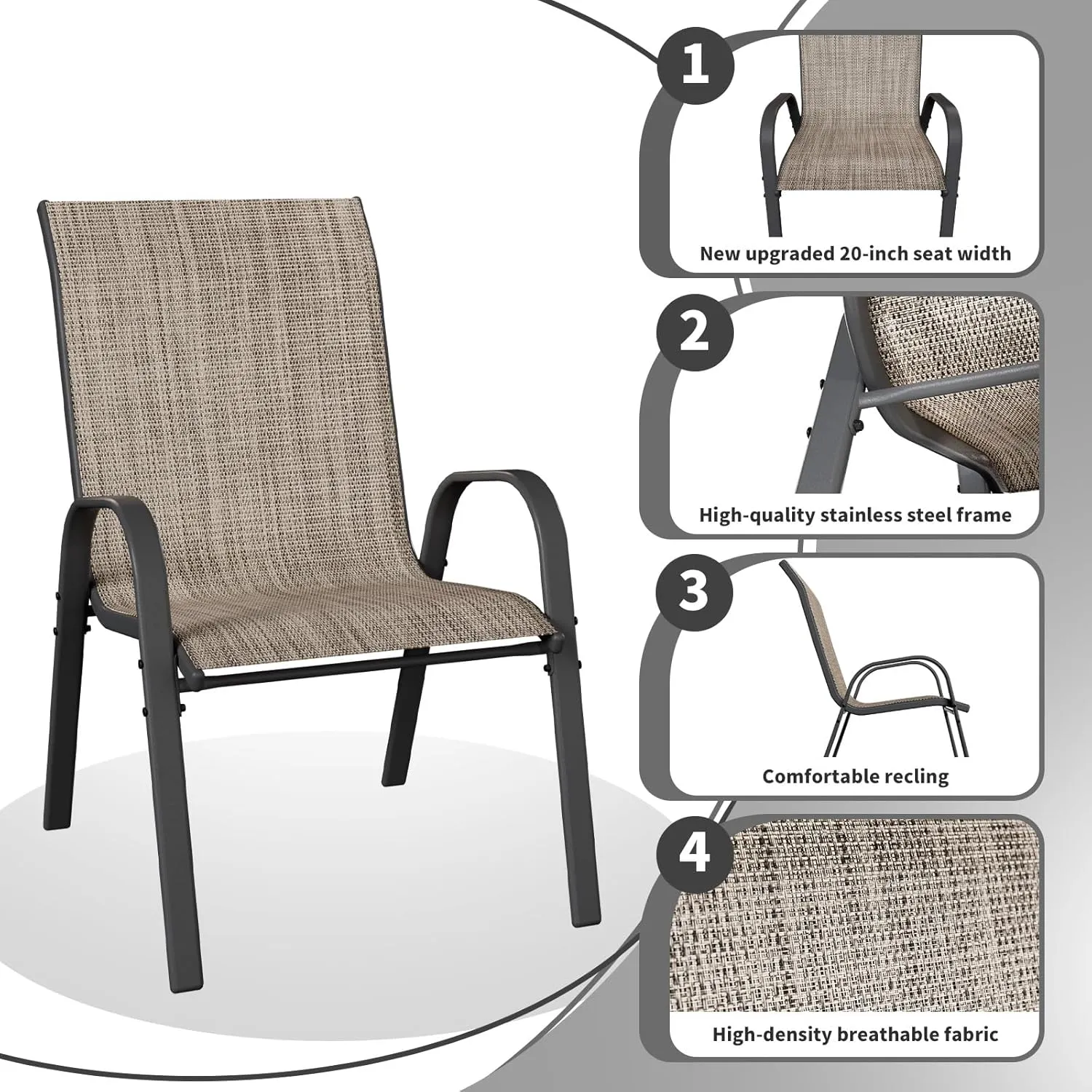 Patio Dining Chairs Set of 4, Outdoor High Stacking Chairs for All Weather, Breathable Seat Fabric and Alloy Steel Frame for Backyard, Porch, Garden (Brown)