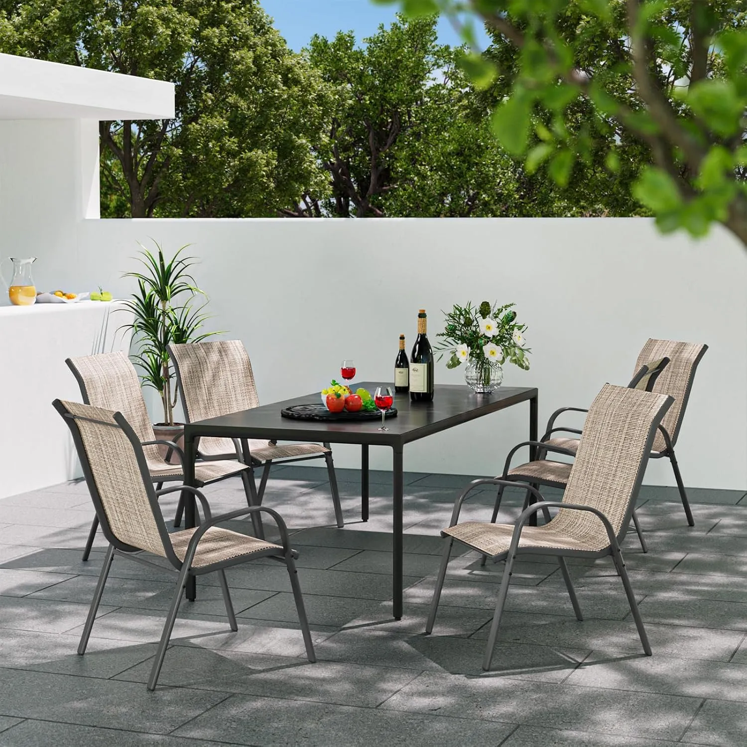 Patio Dining Chairs Set of 4, Outdoor High Stacking Chairs for All Weather, Breathable Seat Fabric and Alloy Steel Frame for Backyard, Porch, Garden (Brown)