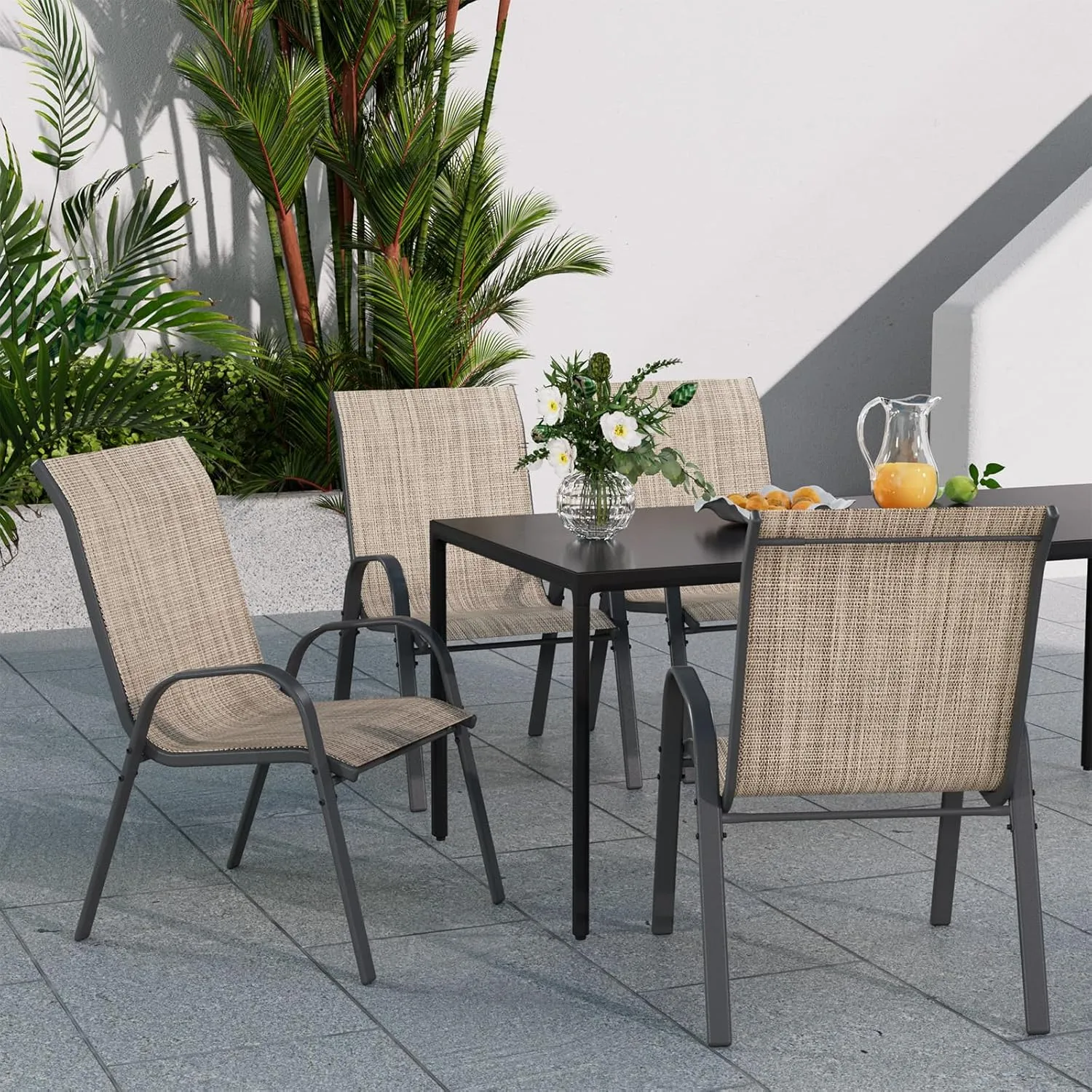 Patio Dining Chairs Set of 4, Outdoor High Stacking Chairs for All Weather, Breathable Seat Fabric and Alloy Steel Frame for Backyard, Porch, Garden (Brown)