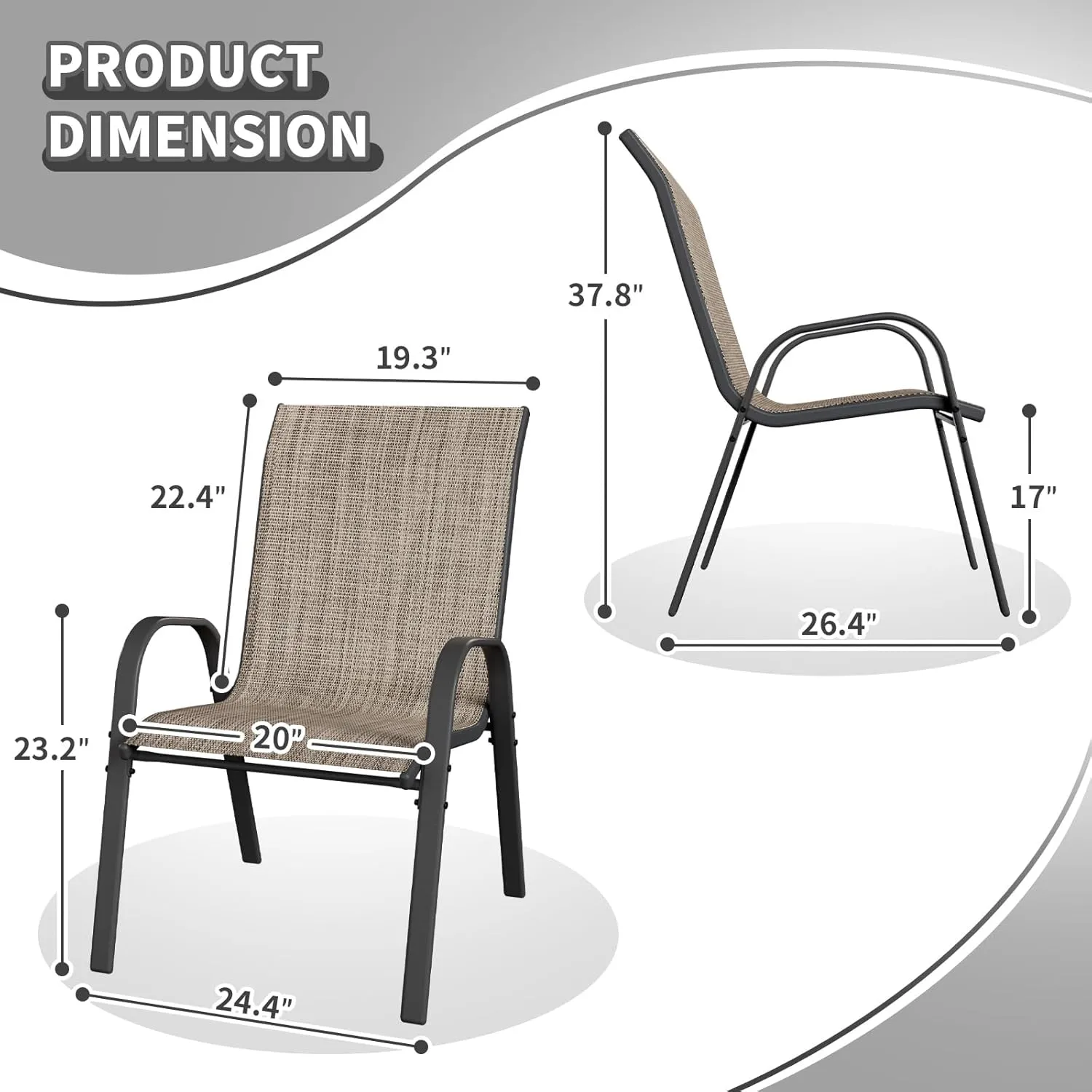Patio Dining Chairs Set of 4, Outdoor High Stacking Chairs for All Weather, Breathable Seat Fabric and Alloy Steel Frame for Backyard, Porch, Garden (Brown)