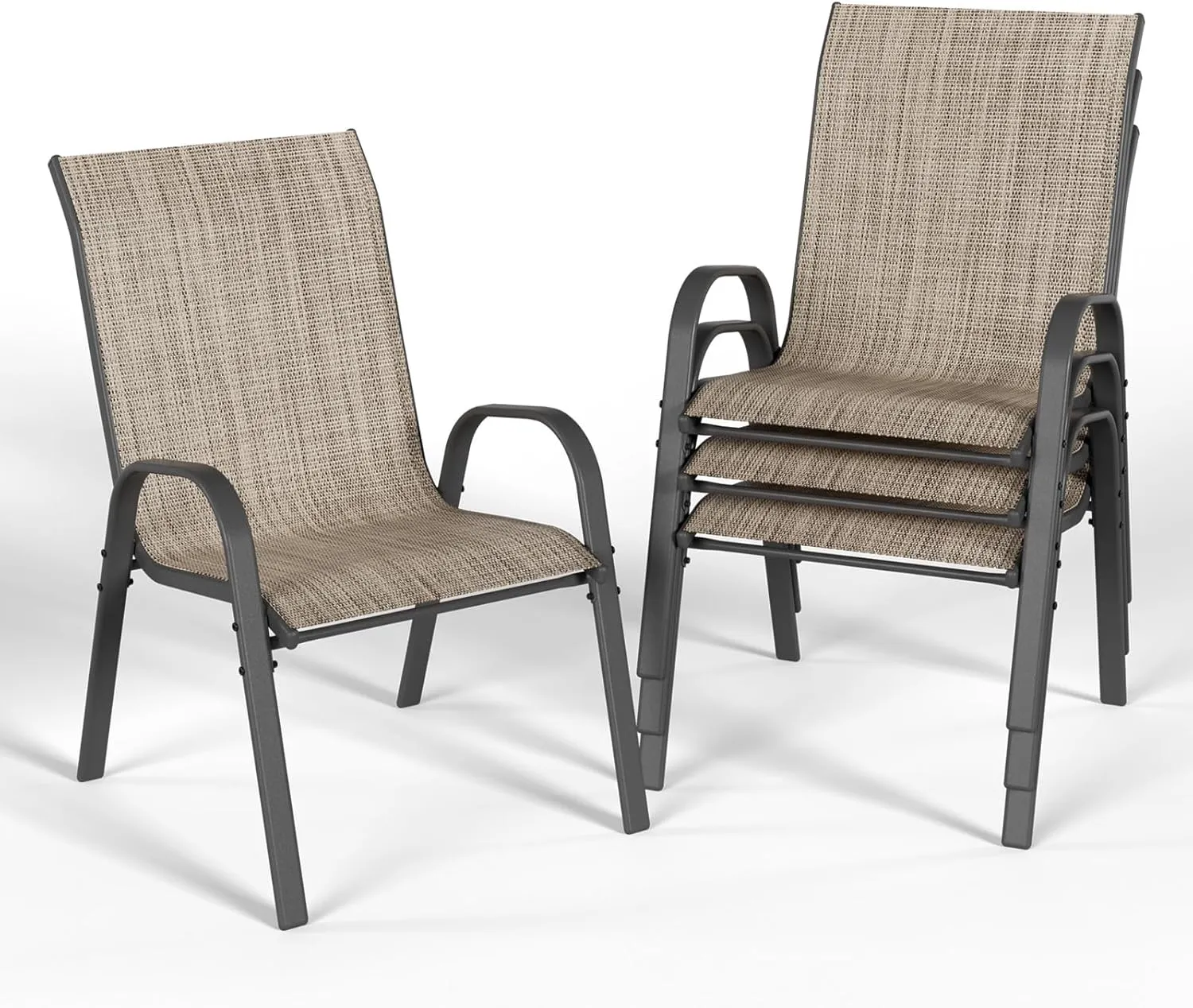 Patio Dining Chairs Set of 4, Outdoor High Stacking Chairs for All Weather, Breathable Seat Fabric and Alloy Steel Frame for Backyard, Porch, Garden (Brown)