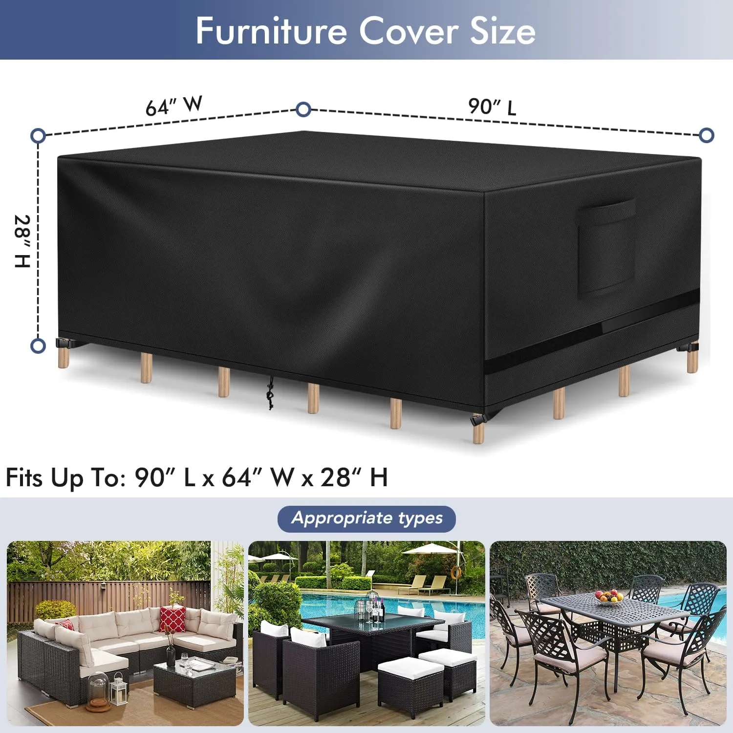 Patio Furniture Covers, Outdoor Table Covers Waterproof Rectangle, Heavy Duty Outdoor Furniture Covers for Patio Furniture, Outdoor Sectional Set Cover 90"L x 64"W x 28"H, Black