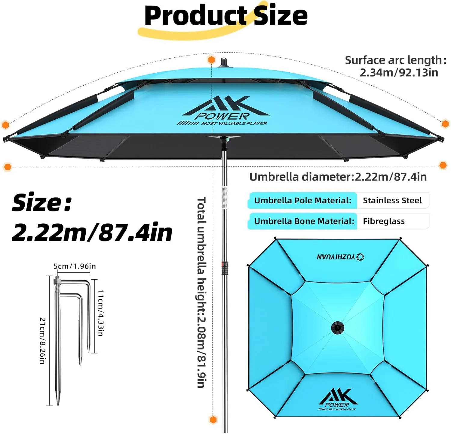 Patio Umbrella with Exclusive Black Coating, 7.2ft/7.8ft Heavy-Duty Double-Layer Nylon Canopy, Adjustable Tilt Sun Shade Outdoor Table Umbrella, UV Protection & Carry Bag for Beach, Fishing, Backyard