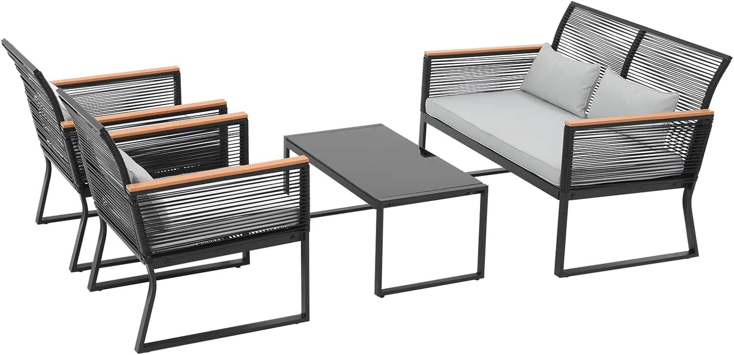 Patiorama 4 Piece Patio Furniture Set, Outdoor Wicker Bistro Set, All-Weather Black PE Rattan Conversation Set w/Coffee Table, Loveseat, Wood-like Armrest, Cushions for Garden Balcony Deck, Light Grey