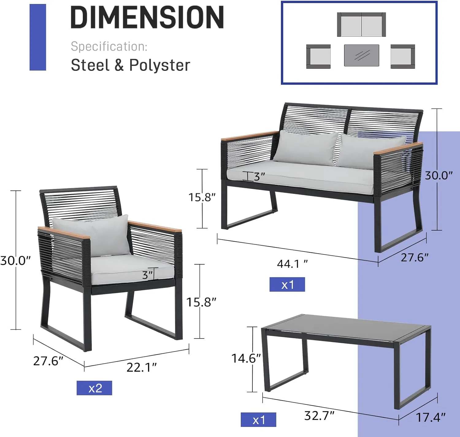 Patiorama 4 Piece Patio Furniture Set, Outdoor Wicker Bistro Set, All-Weather Black PE Rattan Conversation Set w/Coffee Table, Loveseat, Wood-like Armrest, Cushions for Garden Balcony Deck, Light Grey