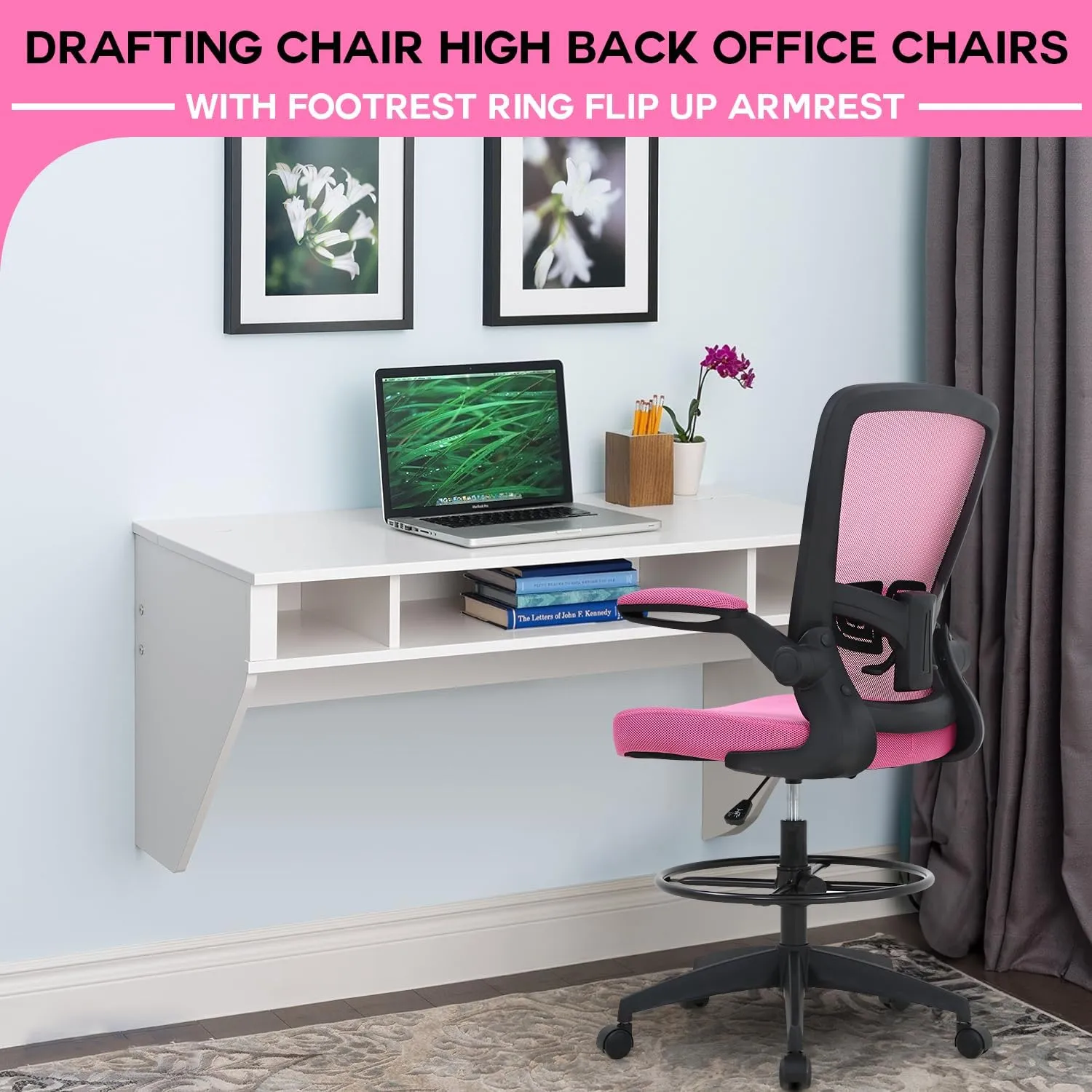 PayLessHere Ergonomic Drafting Chair Tall Office Chair High Adjustable Standing Desk Chair with Lumbar Support Mesh Back Footrest Flip-Up Arms for Office Computer Desk Standing Desk, Pink