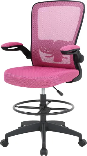 PayLessHere Ergonomic Drafting Chair Tall Office Chair High Adjustable Standing Desk Chair with Lumbar Support Mesh Back Footrest Flip-Up Arms for Office Computer Desk Standing Desk, Pink