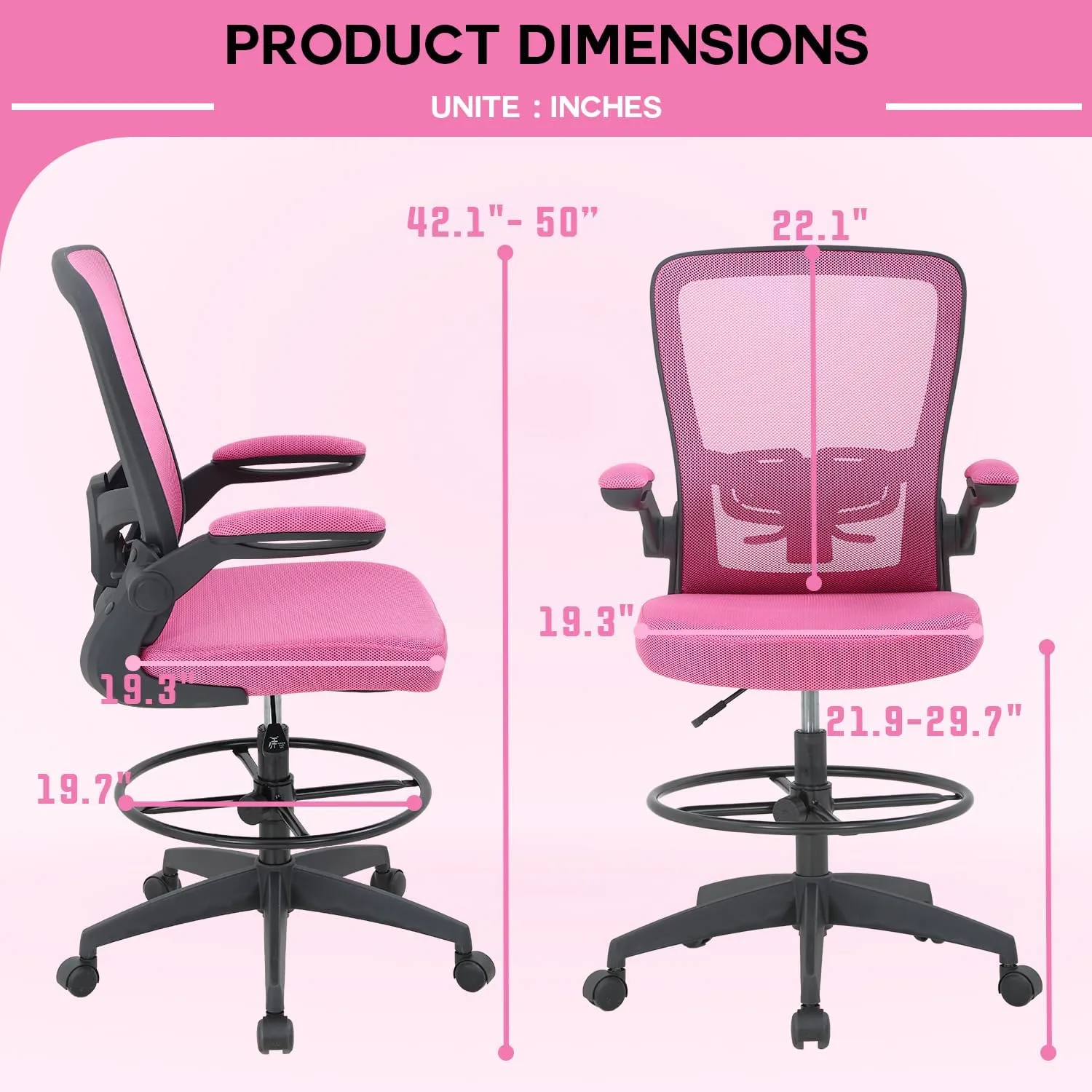 PayLessHere Ergonomic Drafting Chair Tall Office Chair High Adjustable Standing Desk Chair with Lumbar Support Mesh Back Footrest Flip-Up Arms for Office Computer Desk Standing Desk, Pink