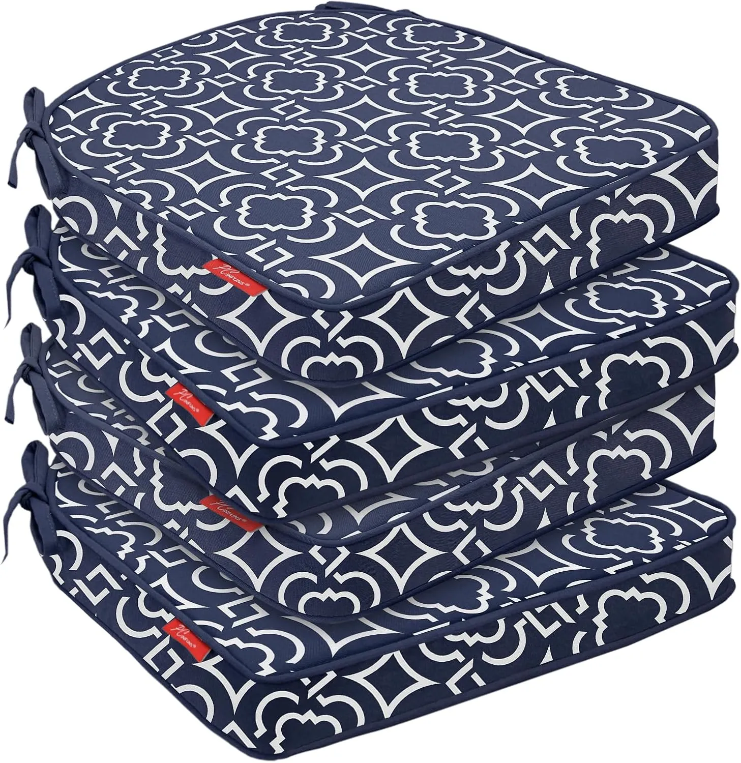 Pcinfuns Outdoor Chair Cushions Set of 4,Thick 17" x 16" x 3" Cushion for Patio Furniture,Round Corner Patio Chair Pads with Ties, Memory Foam Outdoor Seat Cushions,Blue Geometry