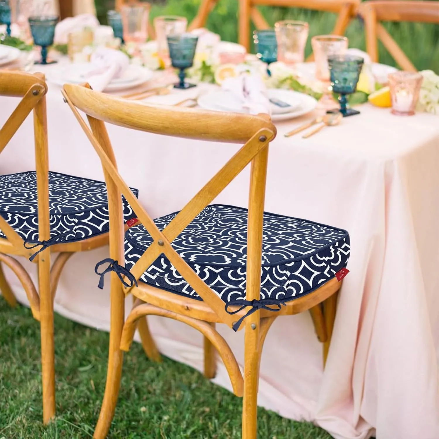 Pcinfuns Outdoor Chair Cushions Set of 4,Thick 17" x 16" x 3" Cushion for Patio Furniture,Round Corner Patio Chair Pads with Ties, Memory Foam Outdoor Seat Cushions,Blue Geometry