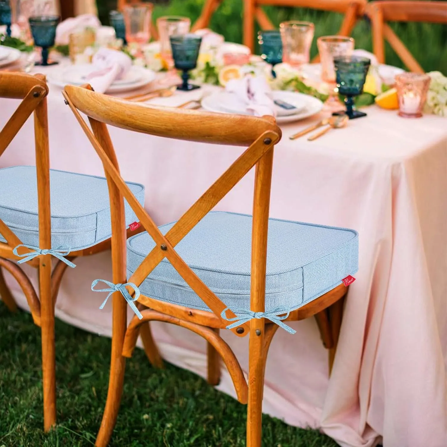 Pcinfuns Outdoor Chair Cushions Set of 4,Thick 17" x 16" x 3" Cushion for Patio Furniture,Round Corner Patio Chair Pads with Ties, Memory Foam Outdoor Seat Cushions,Light Blue