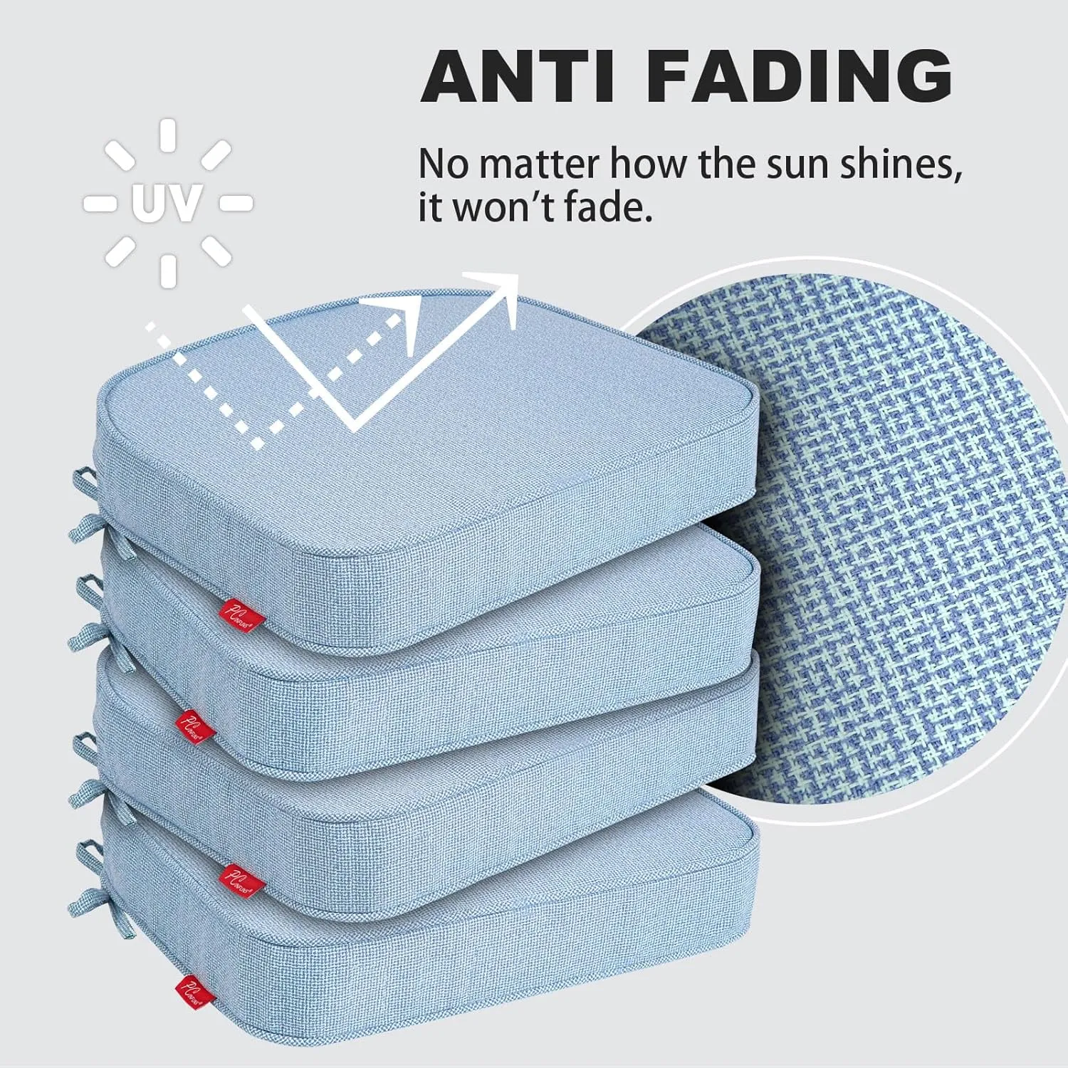 Pcinfuns Outdoor Chair Cushions Set of 4,Thick 17" x 16" x 3" Cushion for Patio Furniture,Round Corner Patio Chair Pads with Ties, Memory Foam Outdoor Seat Cushions,Light Blue