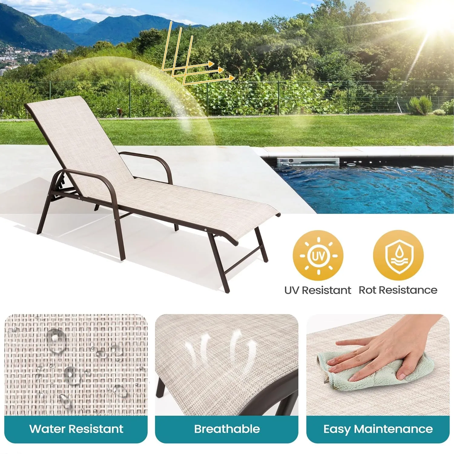 Pellebant Aluminum Lounge Chair Outdoor Set of 2 - Pool Chairs and Lounges for Poolside, Waterproof Patio Chiase Chairs with 5 Positions Backrest, Beige