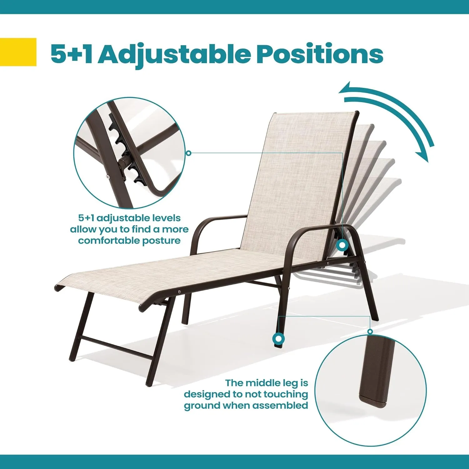 Pellebant Aluminum Lounge Chair Outdoor Set of 2 - Pool Chairs and Lounges for Poolside, Waterproof Patio Chiase Chairs with 5 Positions Backrest, Beige
