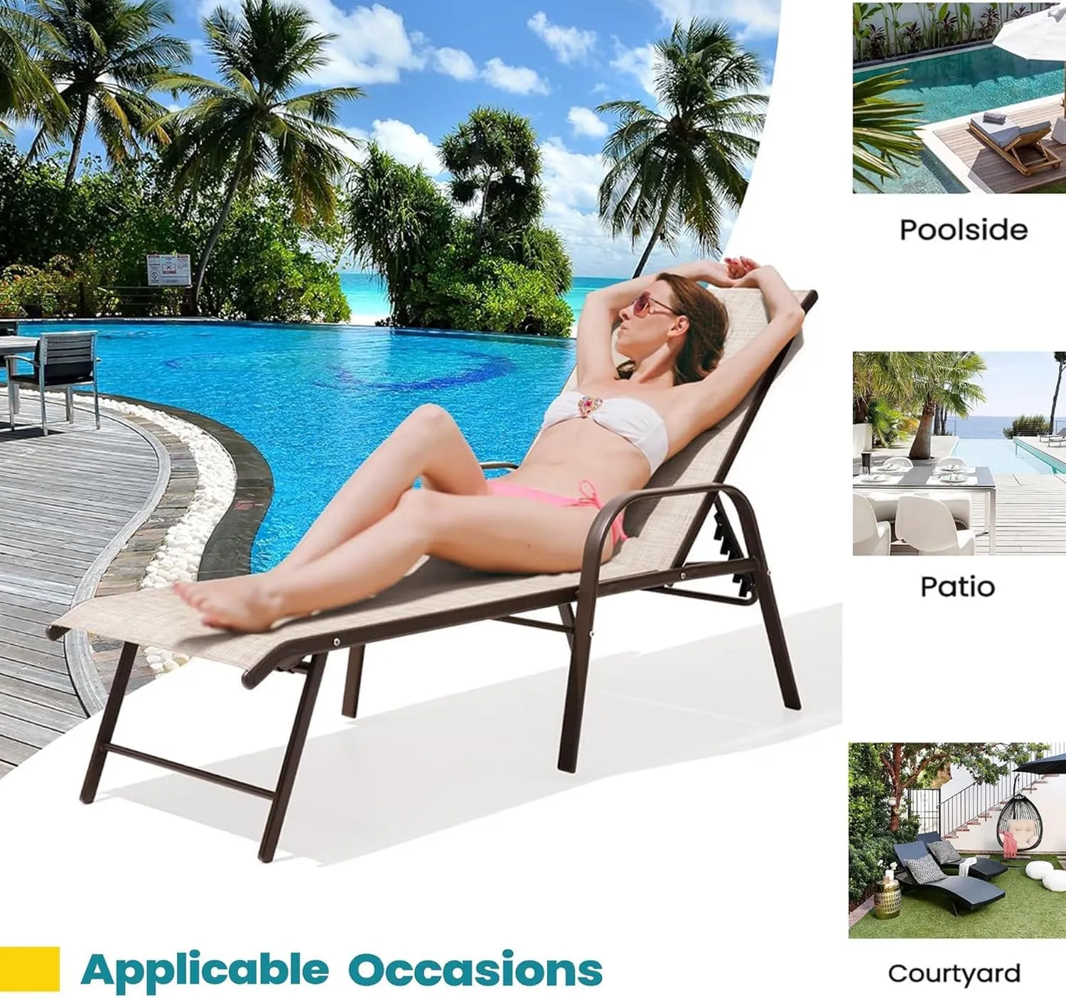 Pellebant Aluminum Lounge Chair Outdoor Set of 2 - Pool Chairs and Lounges for Poolside, Waterproof Patio Chiase Chairs with 5 Positions Backrest, Beige