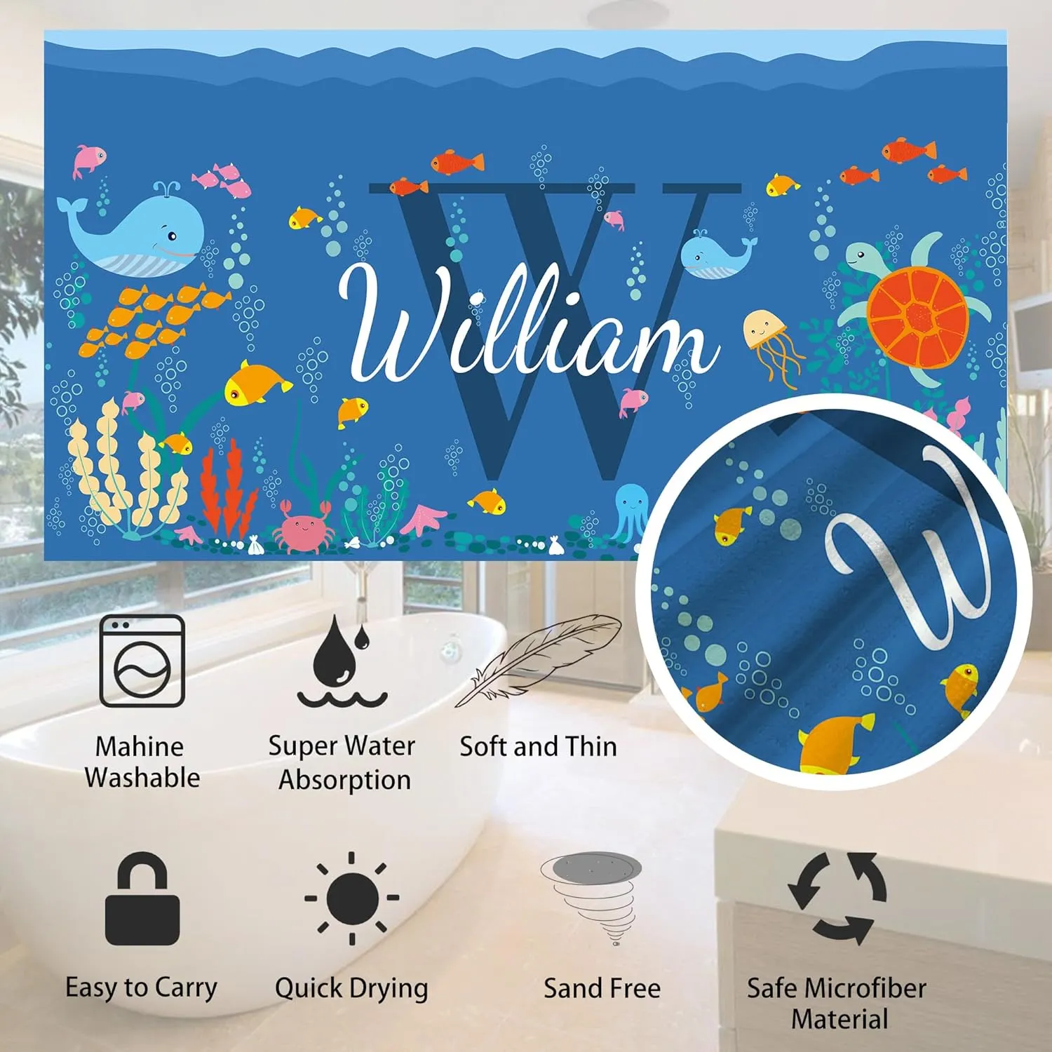 Personalized Kids Beach Towel, Custom Monogram & Name with Fun Beach Designs, Dolphin & Sea Turtle Towels for Boys Girls, Microfiber Gifts Quick Dry Sand Free Beach Towels with Travel Bag