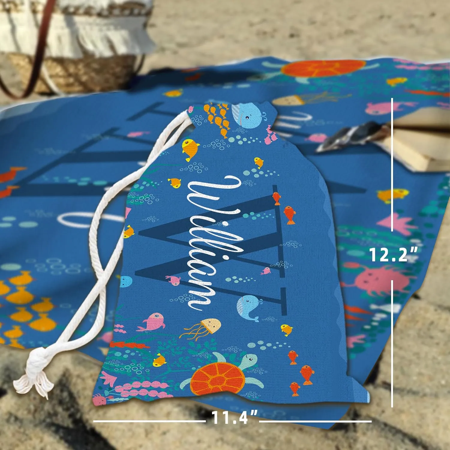 Personalized Kids Beach Towel, Custom Monogram & Name with Fun Beach Designs, Dolphin & Sea Turtle Towels for Boys Girls, Microfiber Gifts Quick Dry Sand Free Beach Towels with Travel Bag