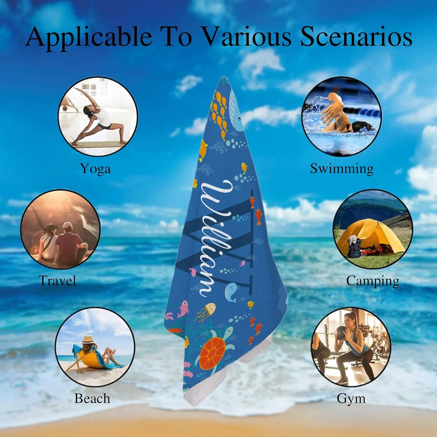 Personalized Kids Beach Towel, Custom Monogram & Name with Fun Beach Designs, Dolphin & Sea Turtle Towels for Boys Girls, Microfiber Gifts Quick Dry Sand Free Beach Towels with Travel Bag