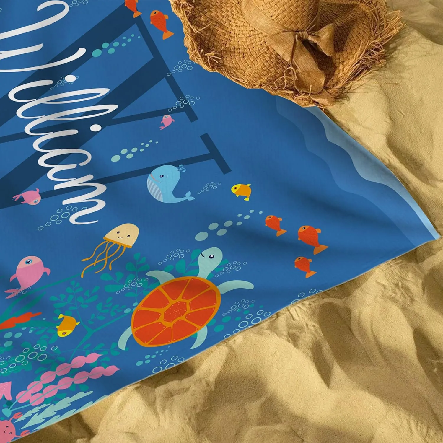 Personalized Kids Beach Towel, Custom Monogram & Name with Fun Beach Designs, Dolphin & Sea Turtle Towels for Boys Girls, Microfiber Gifts Quick Dry Sand Free Beach Towels with Travel Bag