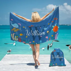 Personalized Kids Beach Towel, Custom Monogram & Name with Fun Beach Designs, Dolphin & Sea Turtle Towels for Boys Girls, Microfiber Gifts Quick Dry Sand Free Beach Towels with Travel Bag