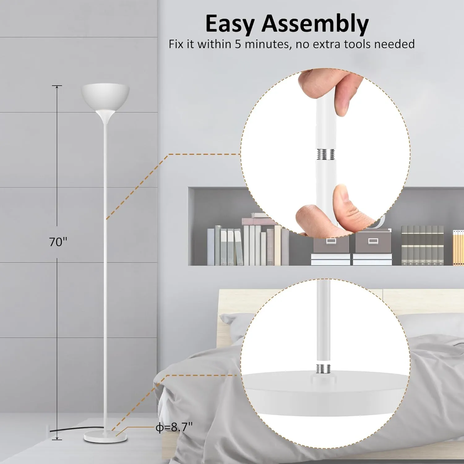 PESRAE Floor Lamp, Remote Control with Stpeless Color Temperatures and Brightness, Torchiere lamp for Bedroom, Living Room, Bulb Included