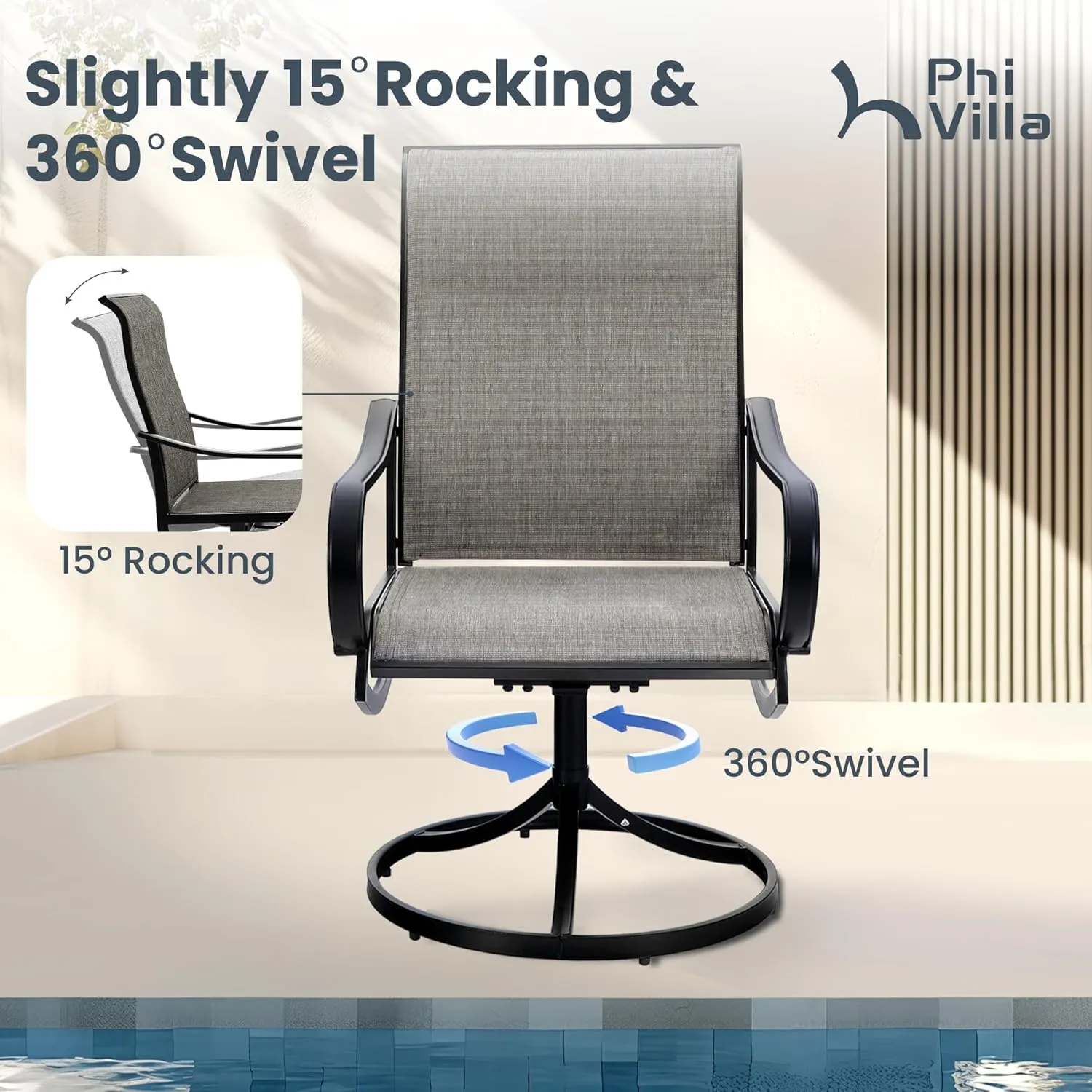 PHI VILLA 9 Pcs Patio Dining Set with Large Square Metal Dining Table & 8 Outdoor Textilene Fabric Swivel Dining Chairs, Outside Table Chair Furniture Dining Set for 8 Person