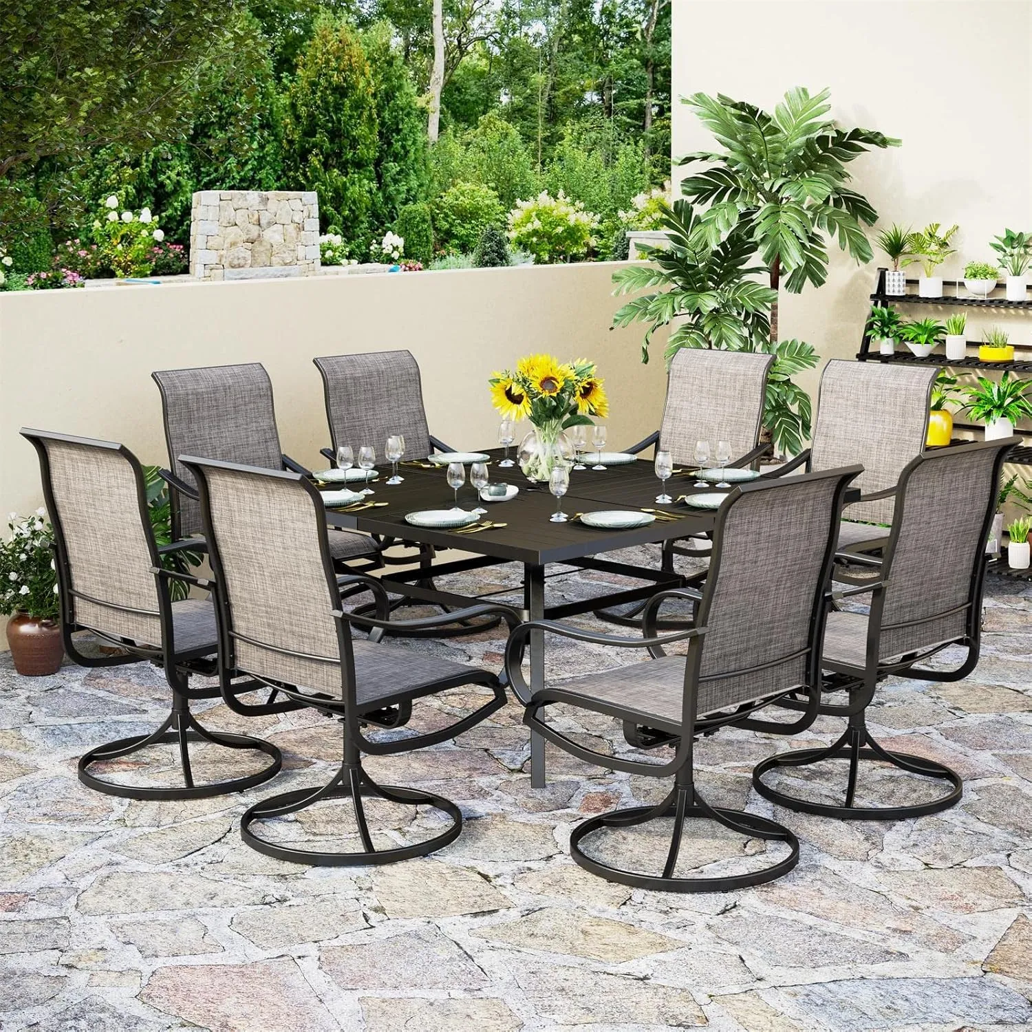PHI VILLA 9 Pcs Patio Dining Set with Large Square Metal Dining Table & 8 Outdoor Textilene Fabric Swivel Dining Chairs, Outside Table Chair Furniture Dining Set for 8 Person